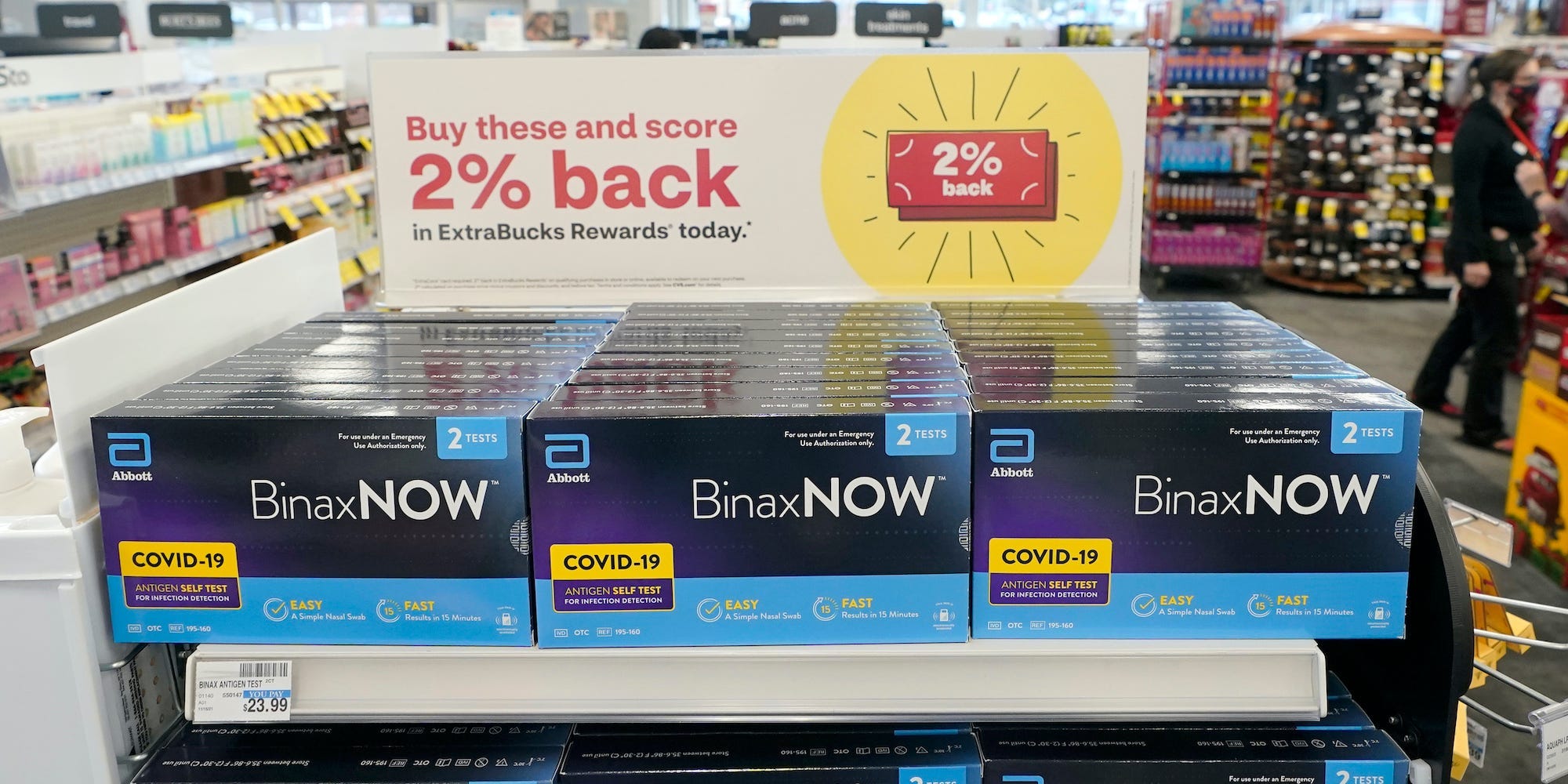 Boxes of BinaxNow home COVID-19 tests made by Abbott are shown for sale Monday, Nov. 15, 2021, at a CVS store in Lakewood, Wash., south of Seattle