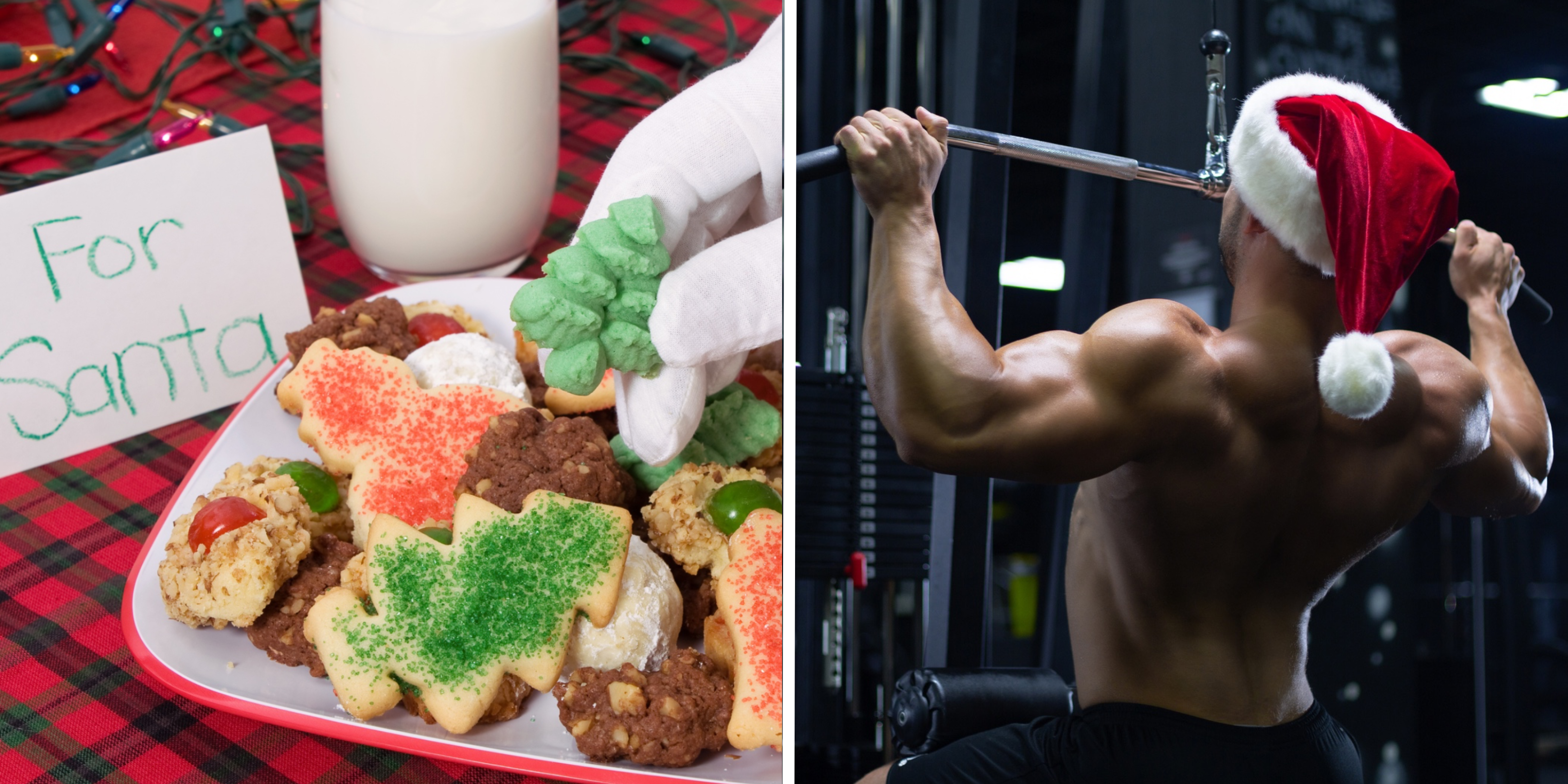 a plate of Christmas cookies; a man in a Santa hat working out in a gym