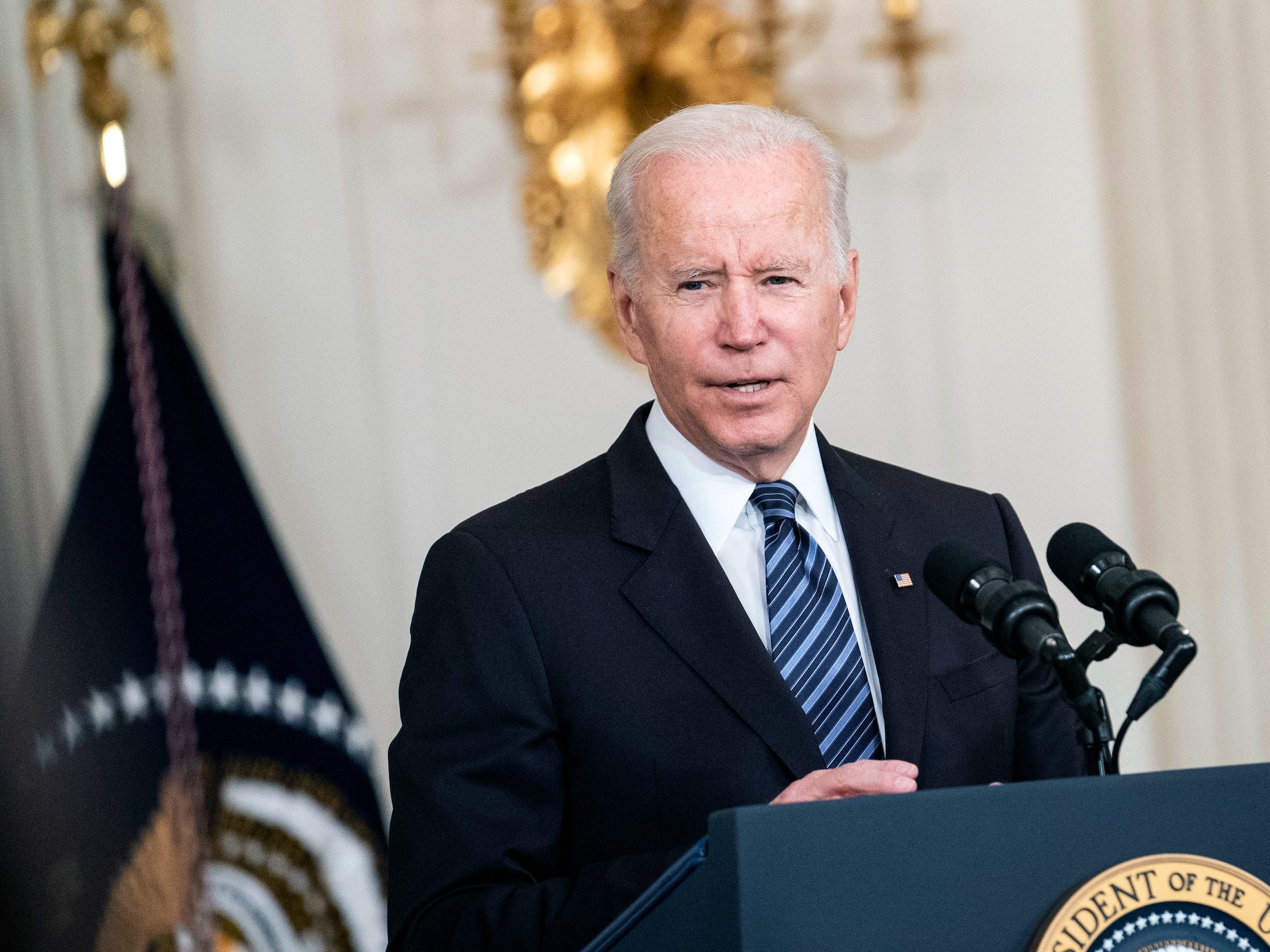 President Joe Biden delivers remarks on the October jobs reports in the State Dining Room at the White House on November 5, 2021 in Washington, DC.