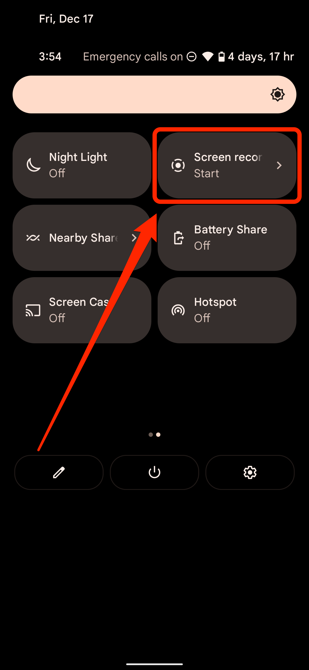 The Quick Settings page on an Android phone, with the "Screen record" option highlighted.