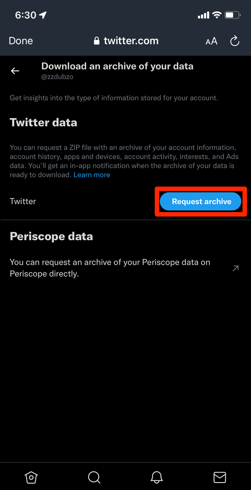 The page in the Twitter mobile app that lets you request your data.