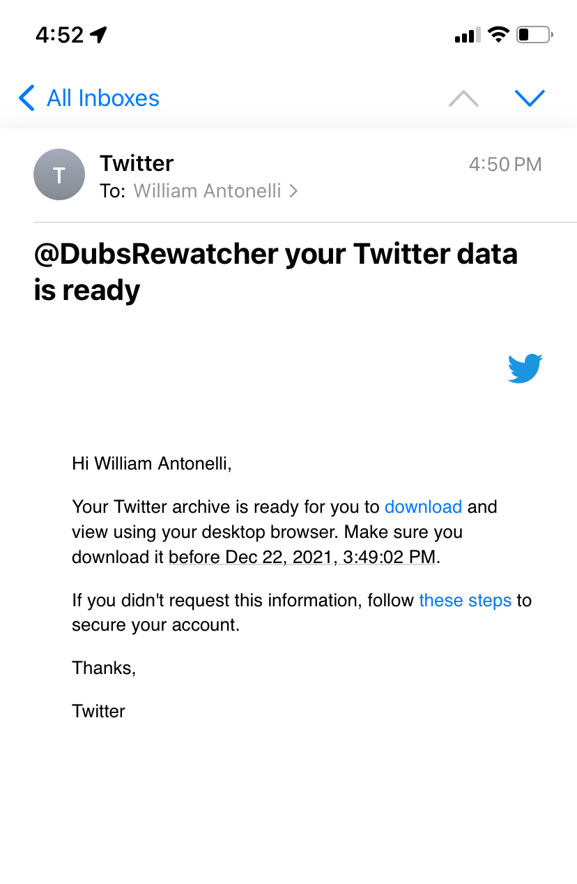 An email from Twitter asking the user to download linked data.