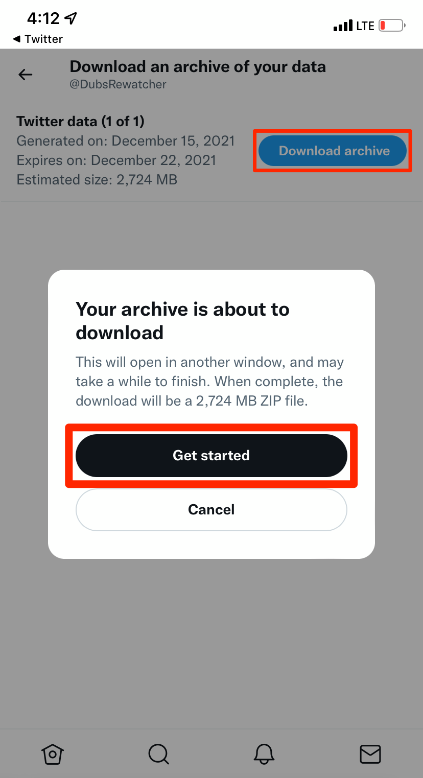 The page in the Twitter mobile app that lets you download your archive.