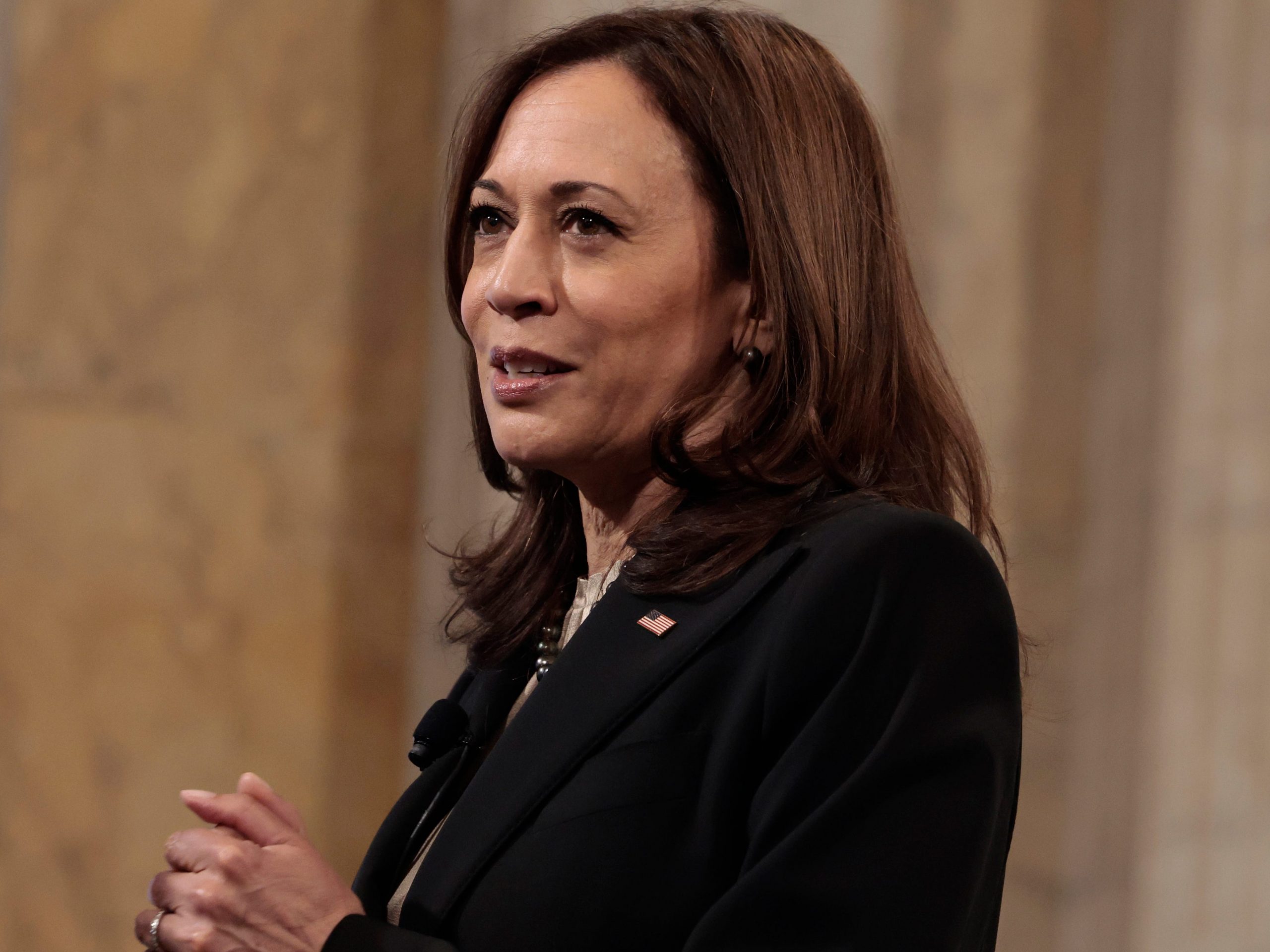 Vice President Kamala Harris delivers remarks at the 2021 Freedman’s Bank Forum event at the U.S. Treasury Department on December 14, 2021 in Washington, DC.