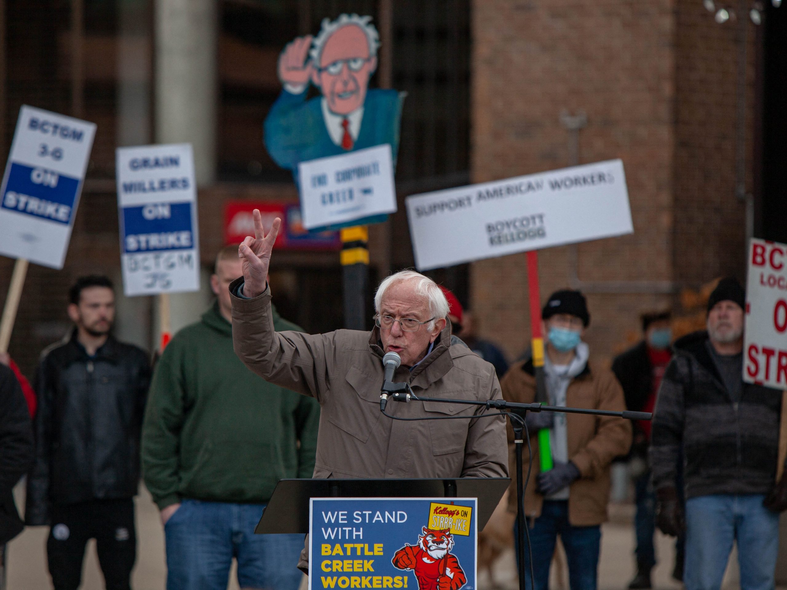 US Senator Bernie Sanders speaks to striking Kellogg's workers in downtown Battle Creek, Michigan, on December 17, 2021.