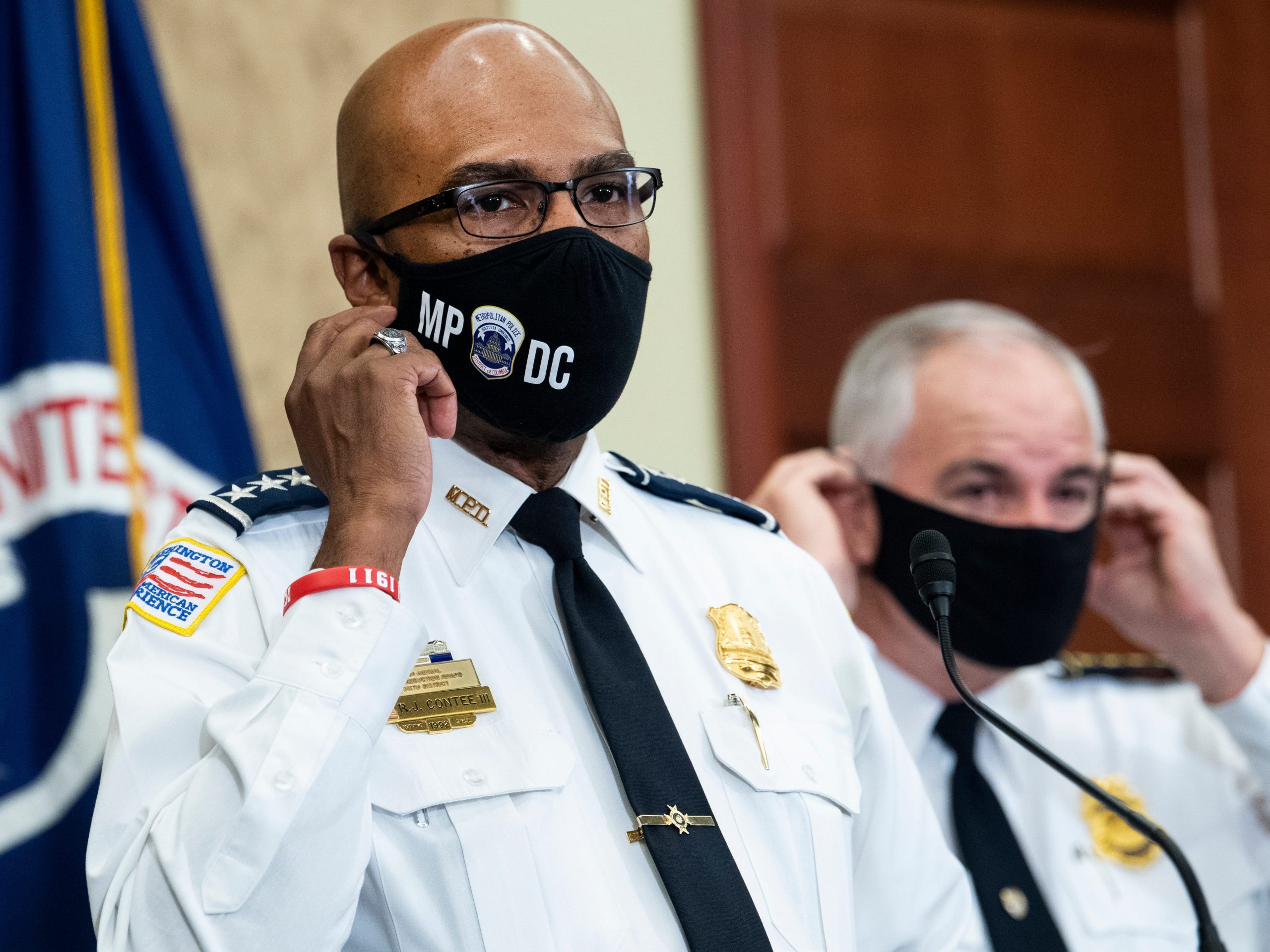 Metropolitan Police Department Chief Robert Contee and U.S. Capitol Police Chief Thomas Manger, conduct a news conference in the Capitol Visitor Center on Friday, September 17, 2021.