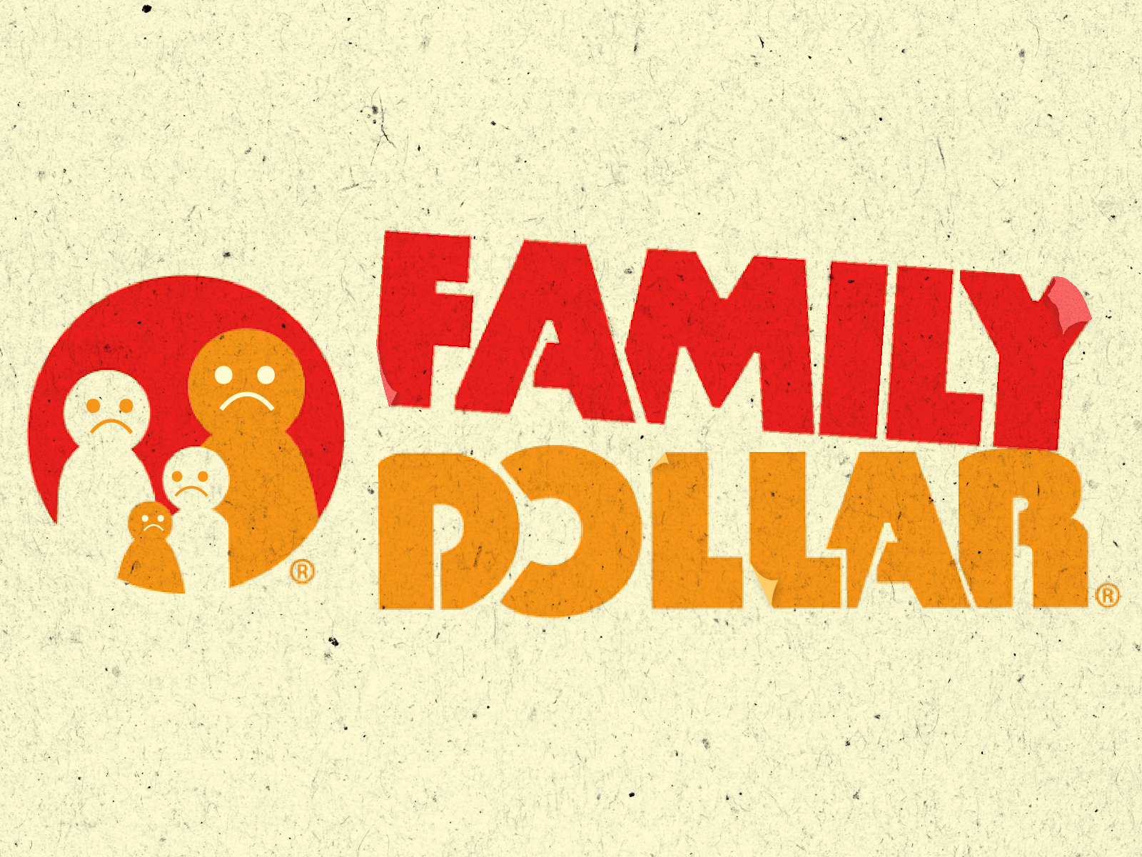 A distressed version of the Family Dollar logo, with peeling edges and sad faces on the icons'