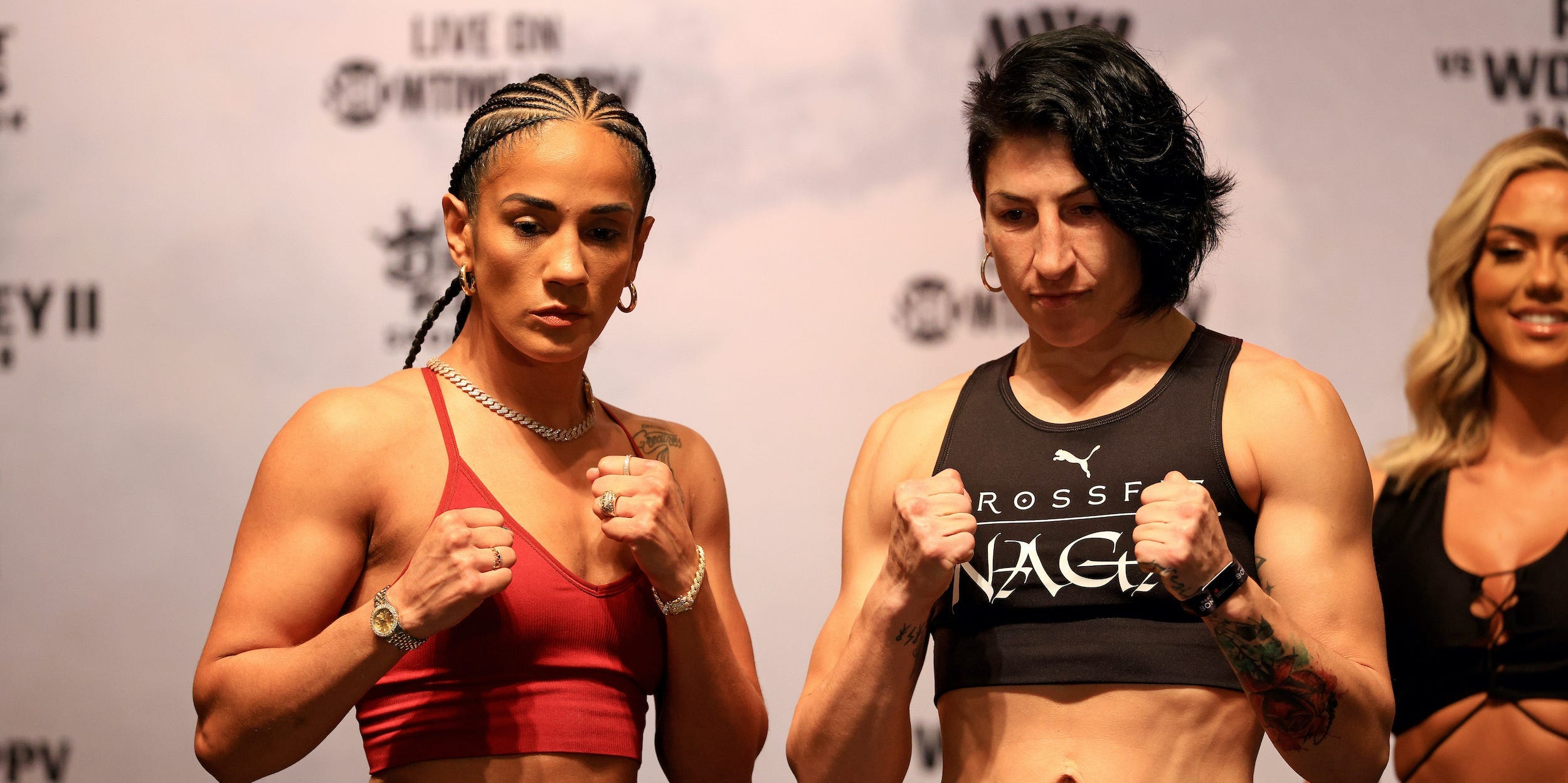 Amanda Serrano and Miriam Gutierrez poses during a weigh in at the Hard Rock Hotel and Casino