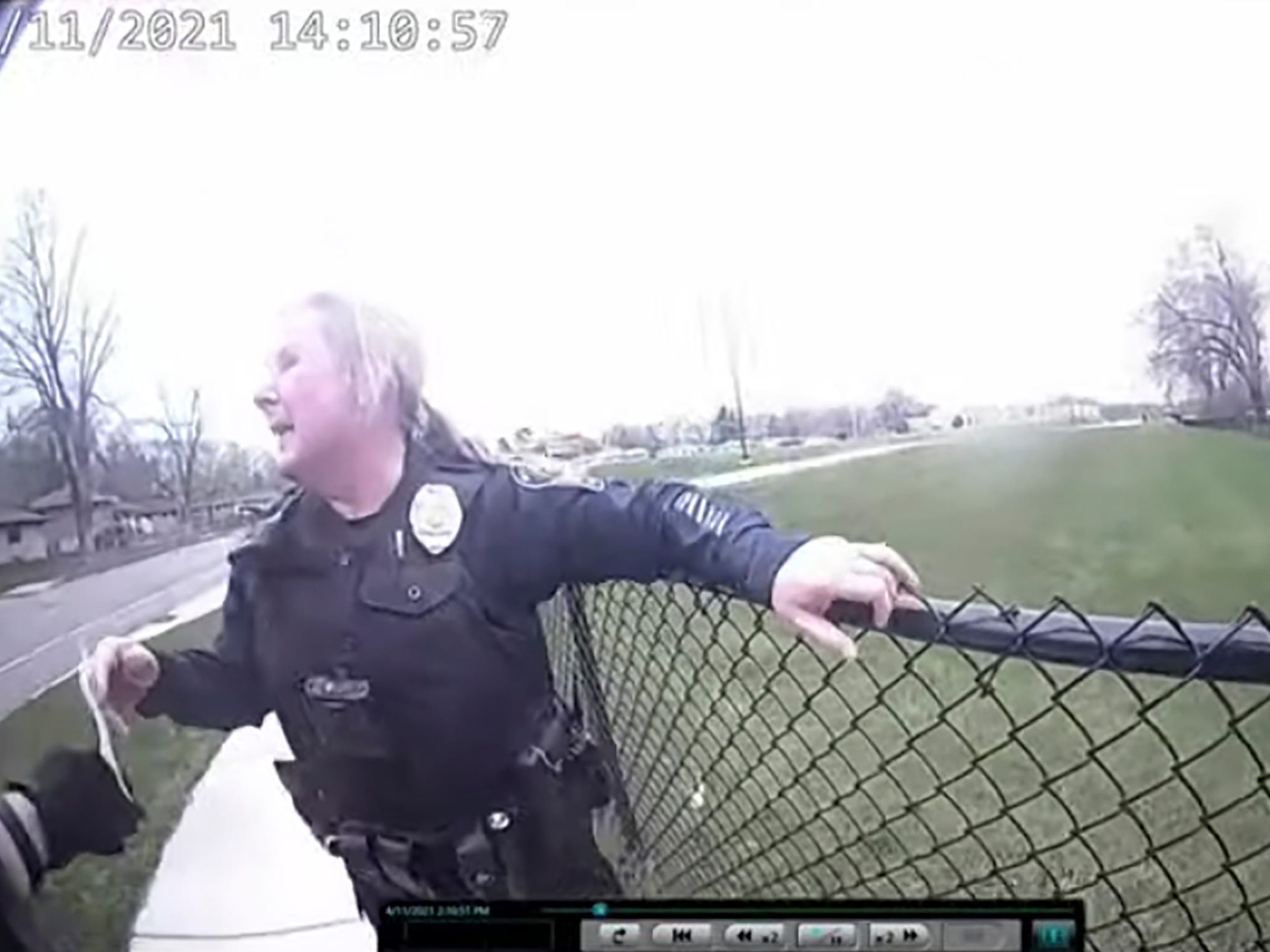 In this screen grab police body cam video is shown in court on Friday, Dec. 10, 2021 at Hennepin County Courthouse in Minneapolis, Minn., former Brooklyn Center police Officer Kim Potter reacts after a traffic stop in which Daunte Wright was shot on April 11, 2021. Potter is charged with first- and second-degree manslaughter in the April 11 shooting of Wright, a 20-year-old Black motorist, following a traffic stop in the Minneapolis suburb of Brooklyn Center.