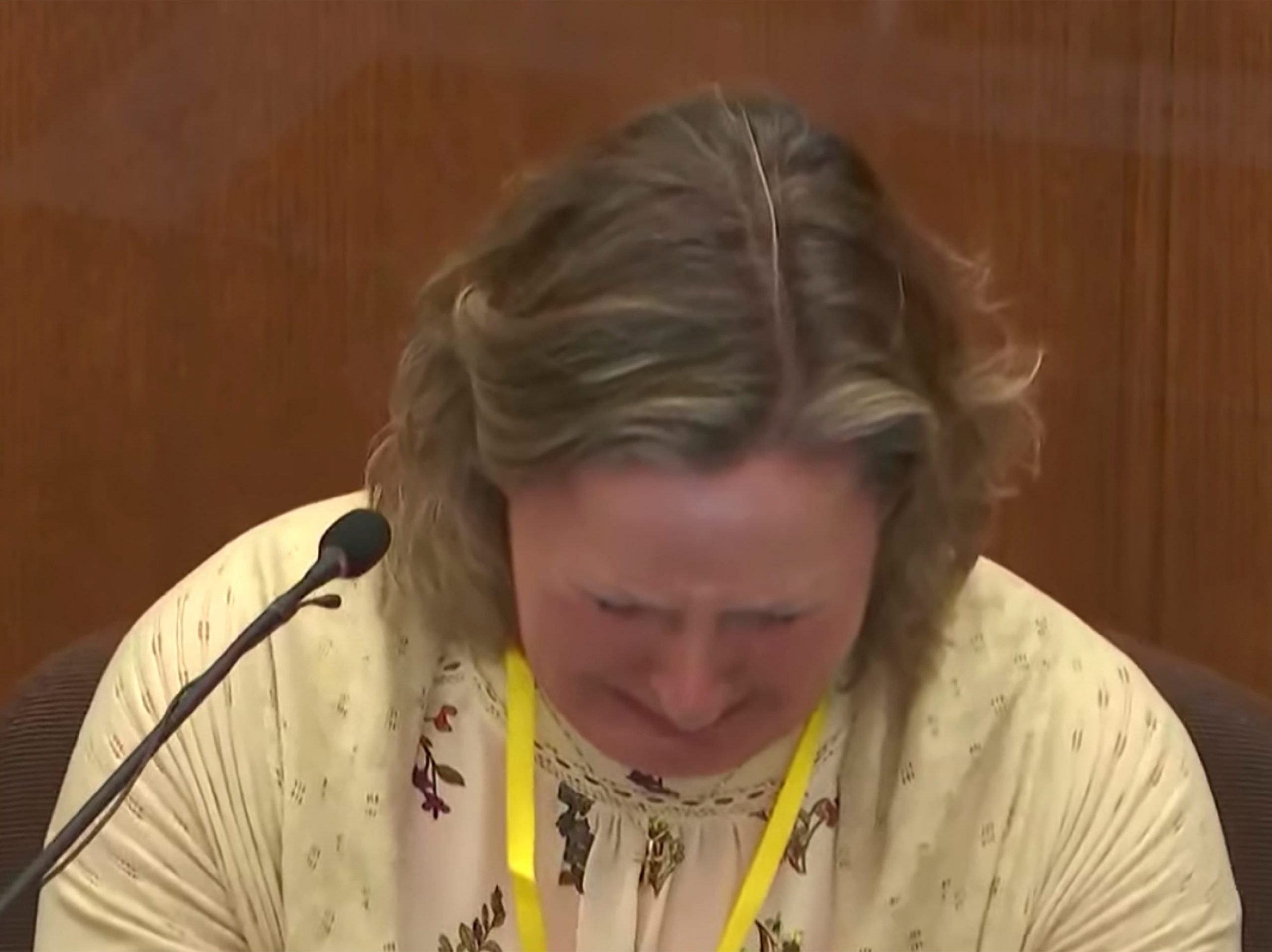 In this screen grab from video, former Brooklyn Center Police Officer Kim Potter becomes emotional as she testifies in court, Friday, Dec. 17, 2021 at the Hennepin County Courthouse in Minneapolis, Minn. Potter is charged with first and second-degree manslaughter in the April 11 shooting of Daunte Wright, a 20-year-old Black motorist, following a traffic stop in the Minneapolis suburb of Brooklyn Center.