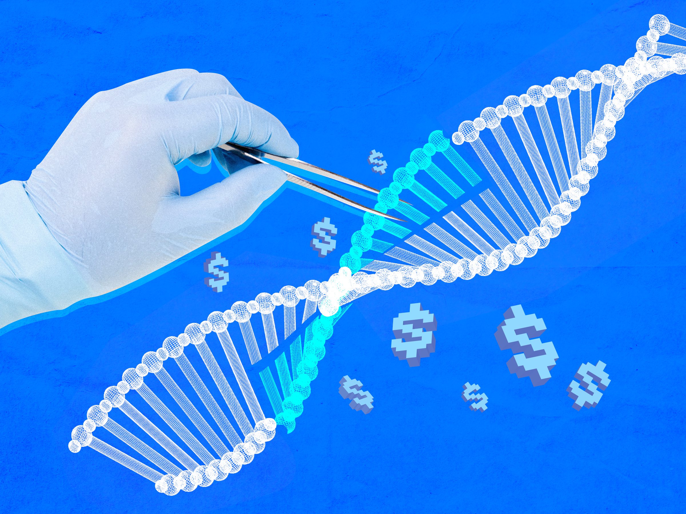 A hand with surgical glove replacing a section of DNA with tweezers, surrounded by dollar signs