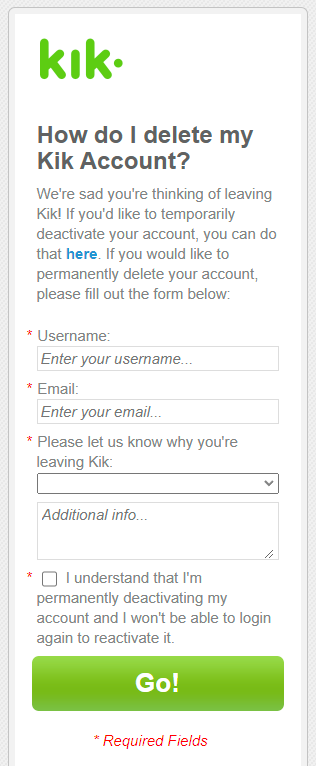 Kik deletion form in Chrome