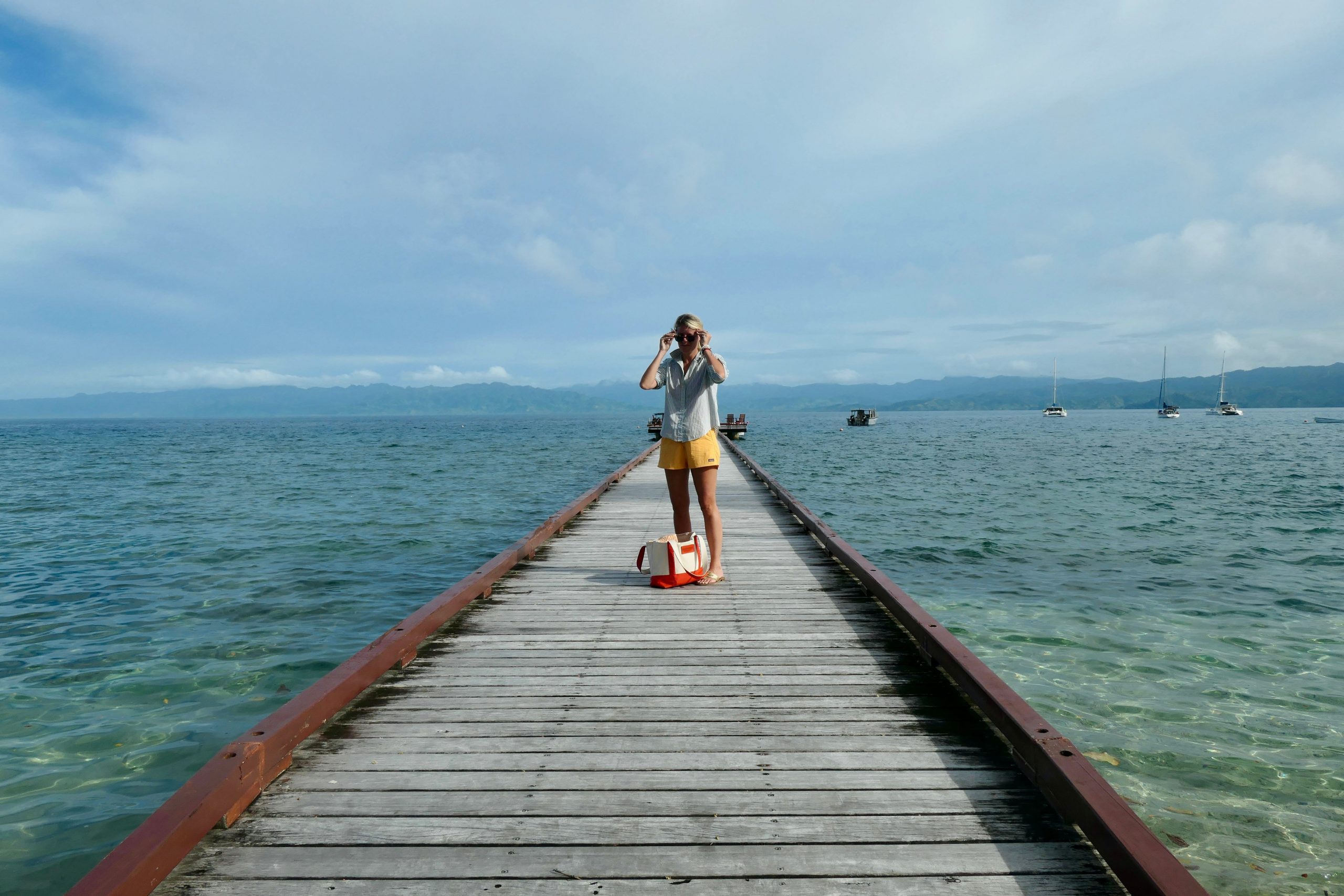 The writer on a boardwalk in Savusavu