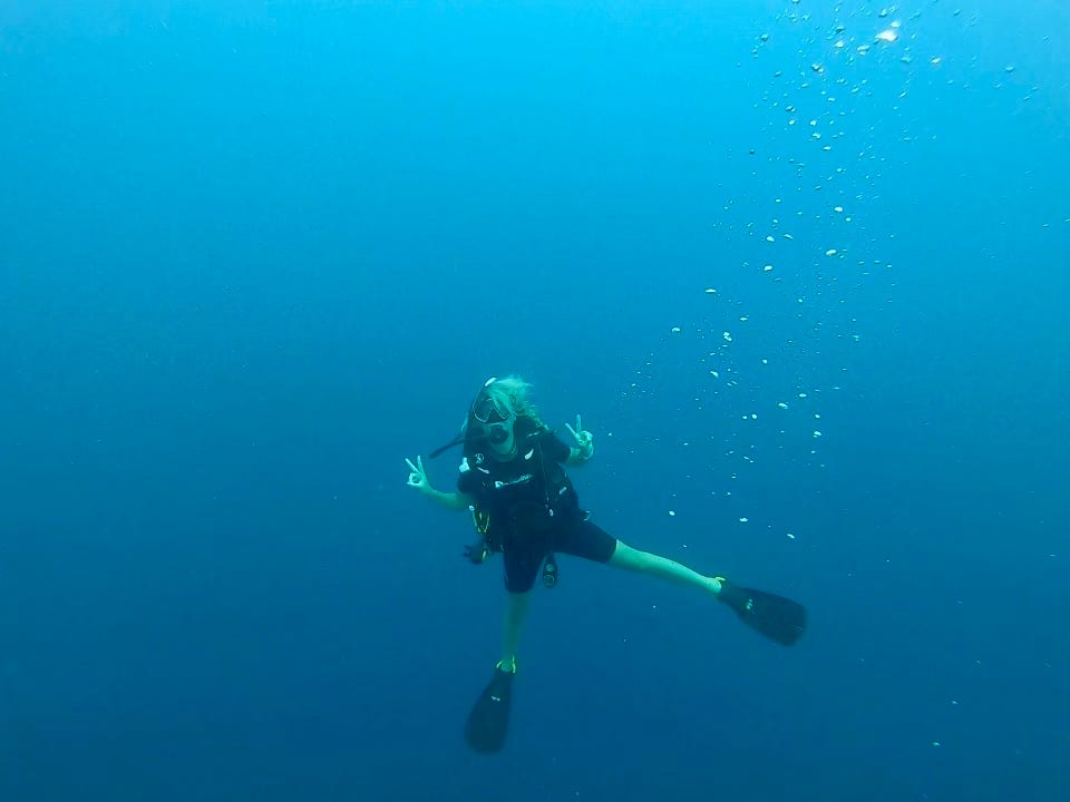 The writer scubadiving in the water