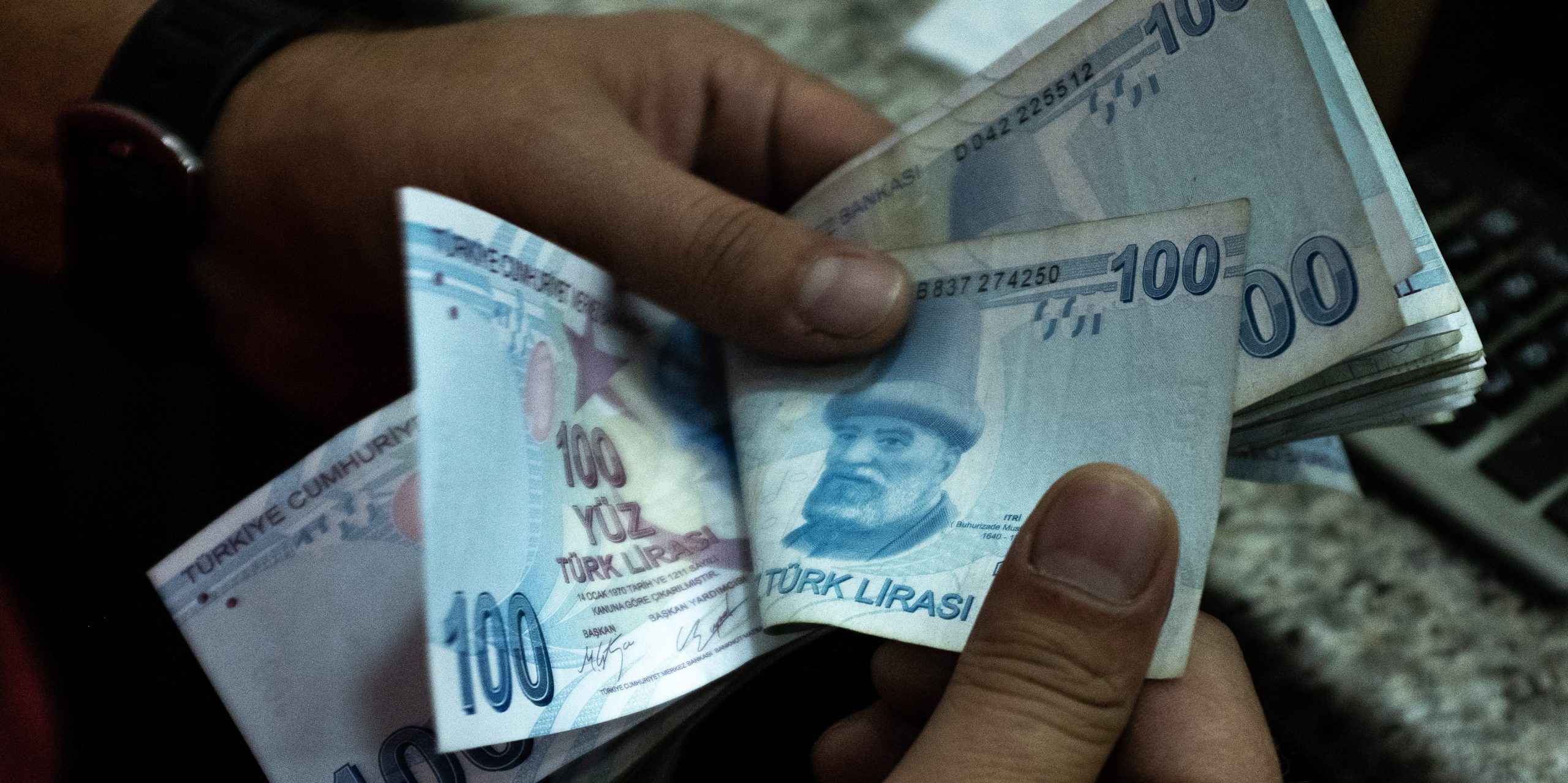 Person counts Turkish lira bills