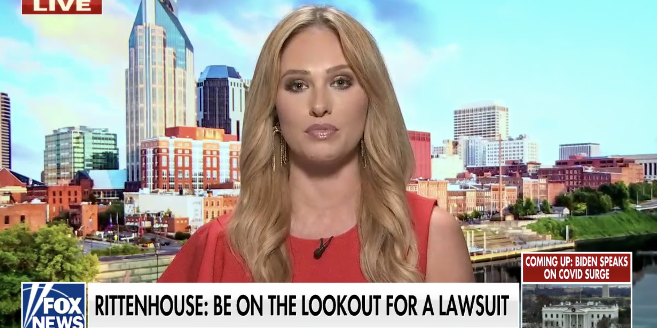 Screenshot of Fox News "Outnumbered" co-host Tomi Lahren with a chyron reading "Rittenehouse: Be on the lookout for a lawsuit."