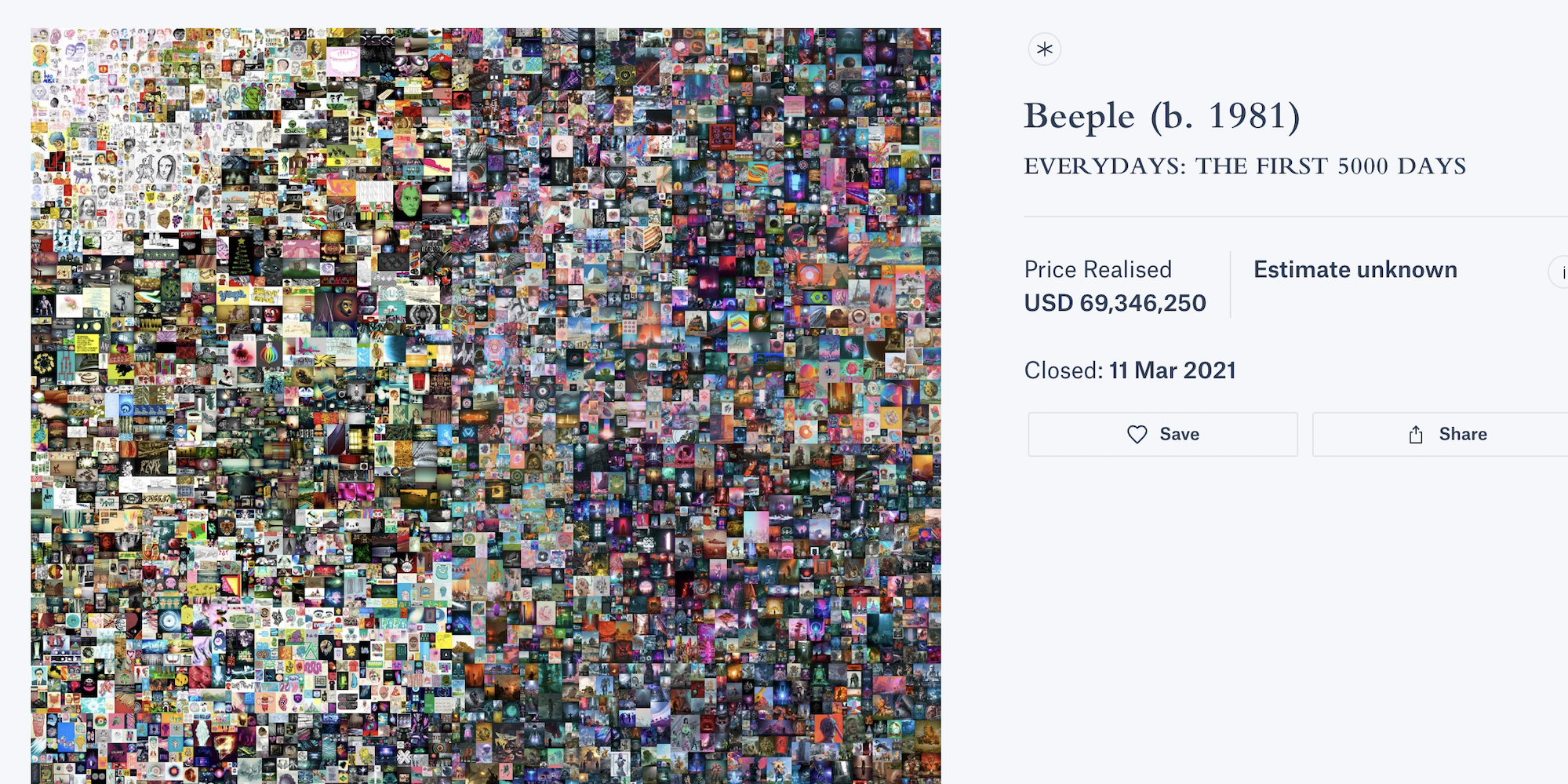 A snapshot shows artist Beeple's "EVERYDAYS: THE FIRST 5000 DAYS" collage that sold for $69 million