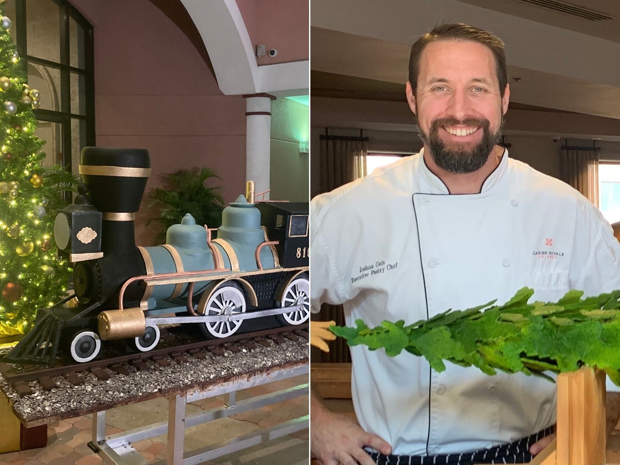 Caribe Royale Orlando Executive pastry chef Joshua Cain and the 'Caribe Royale Express' chocolate train.