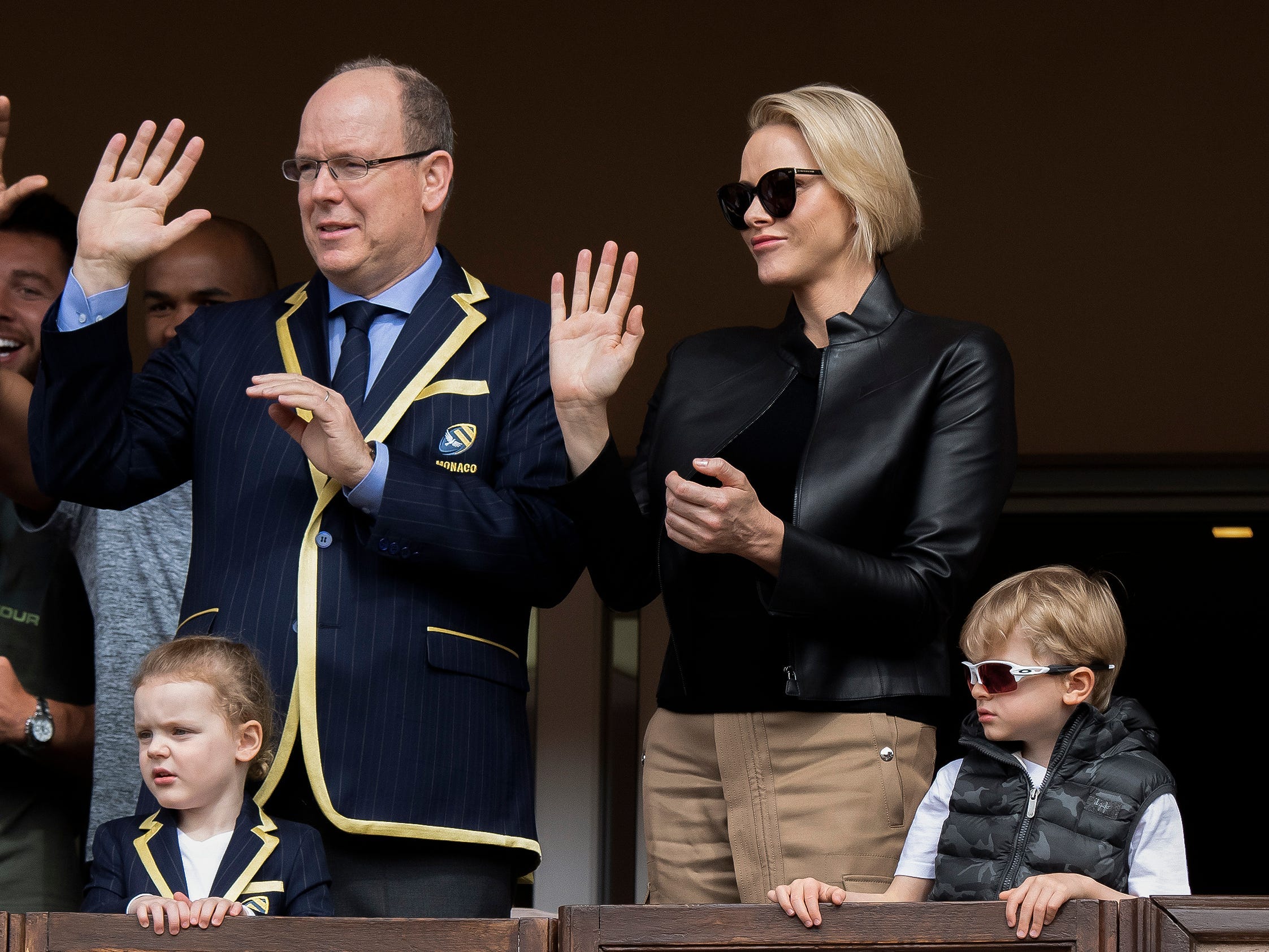 Prince Albert II of Monaco, Princess Gabriella, Prince Jacques of Monaco and Princess Charlene of Monaco attend at Louis II Stadium in Monaco.