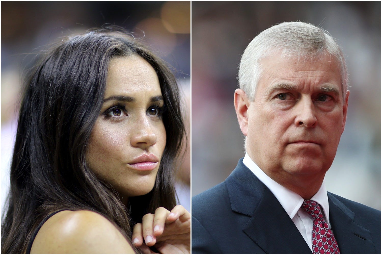 Meghan Markle at the 2016 U.S. Open Tennis Tournament and Prince Andrew at the 16th IAAF World Athletics Championships in 2017.