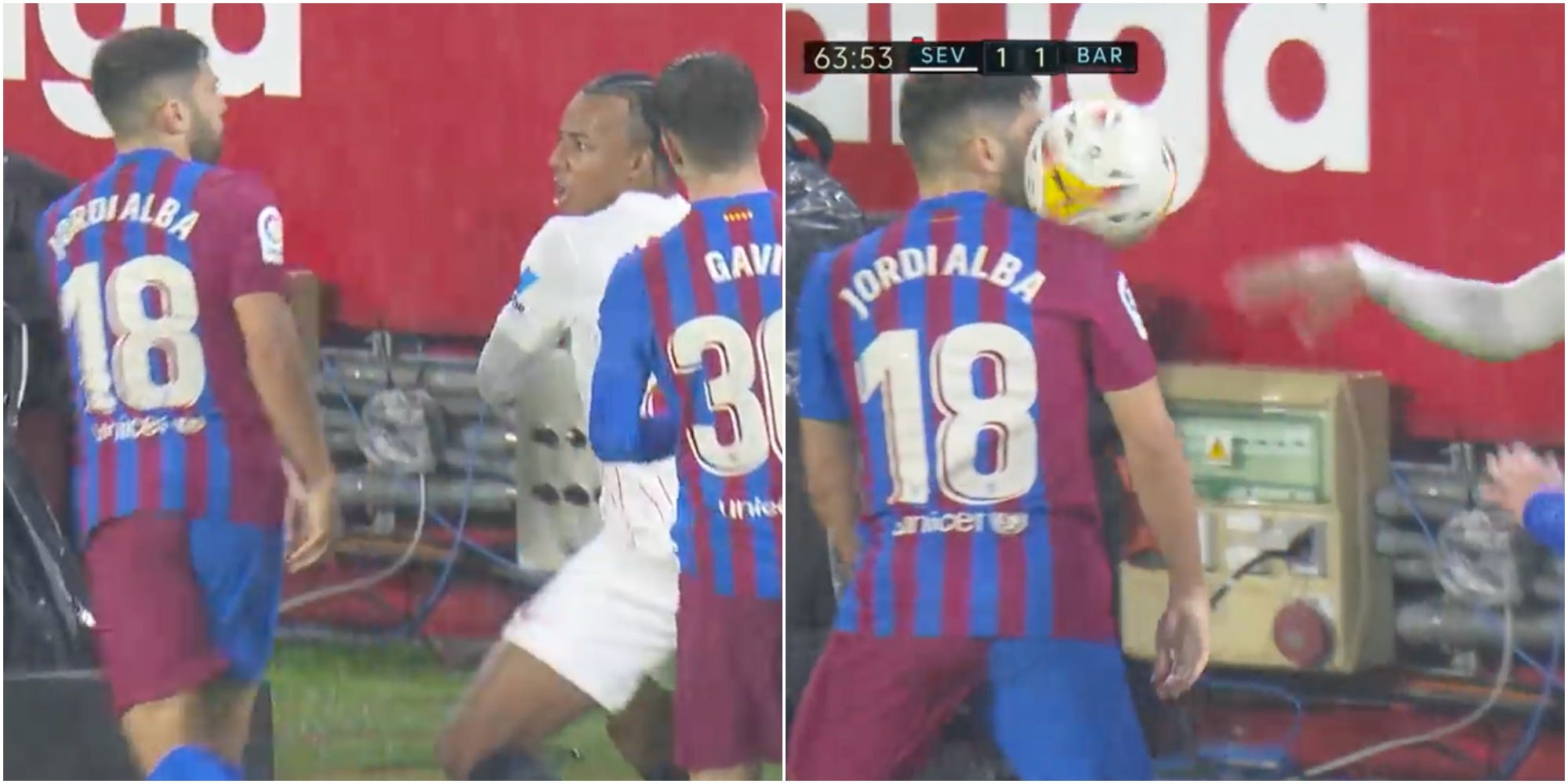 Jules Kounde throws a ball at Jordi Alba during Sevilla’s draw with Barcelona