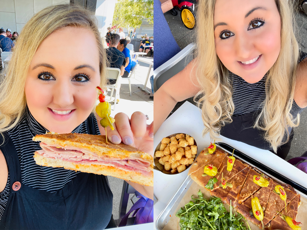 side by side selfies of carly holding the pymini sandwich and tray of sandwich and sides