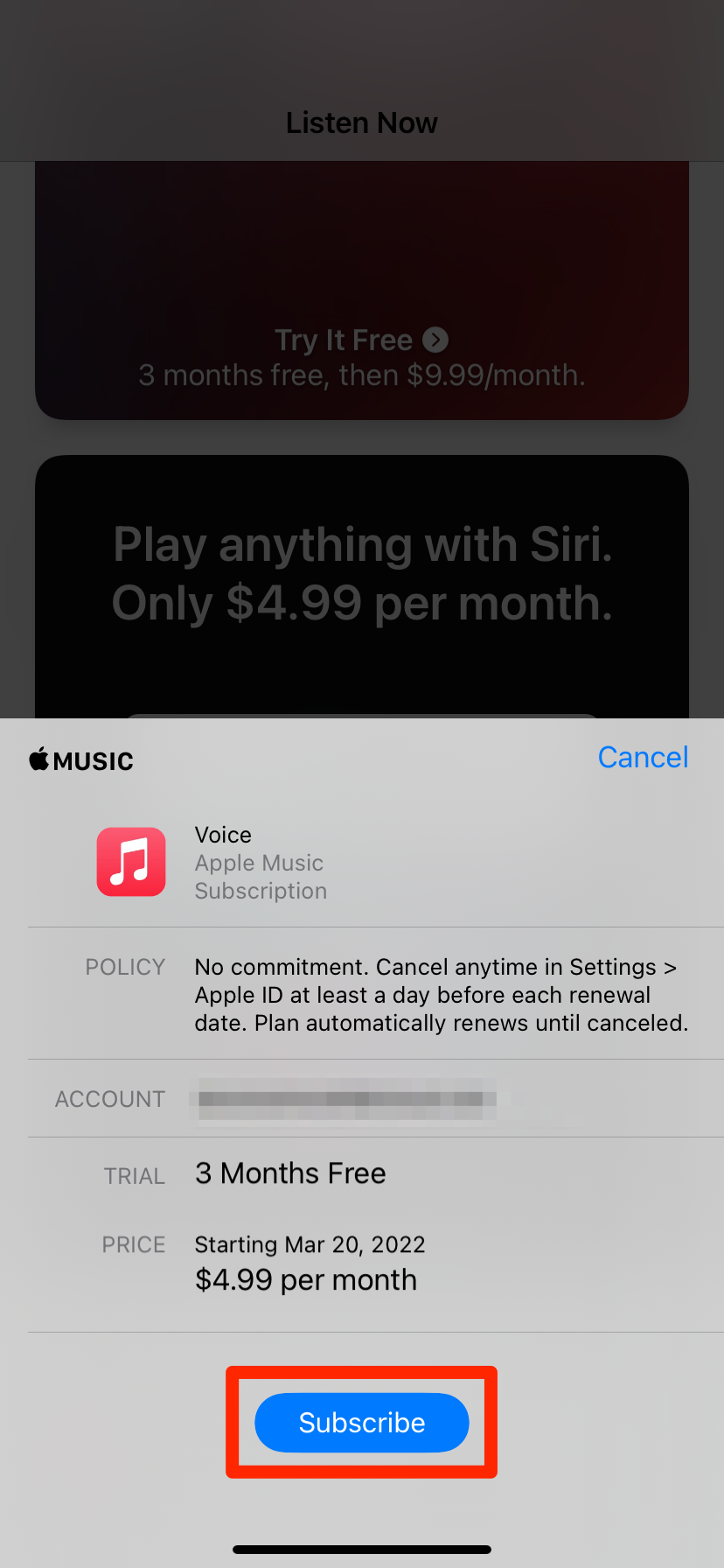 The menu that lets you sign up for an Apple Music subscription.