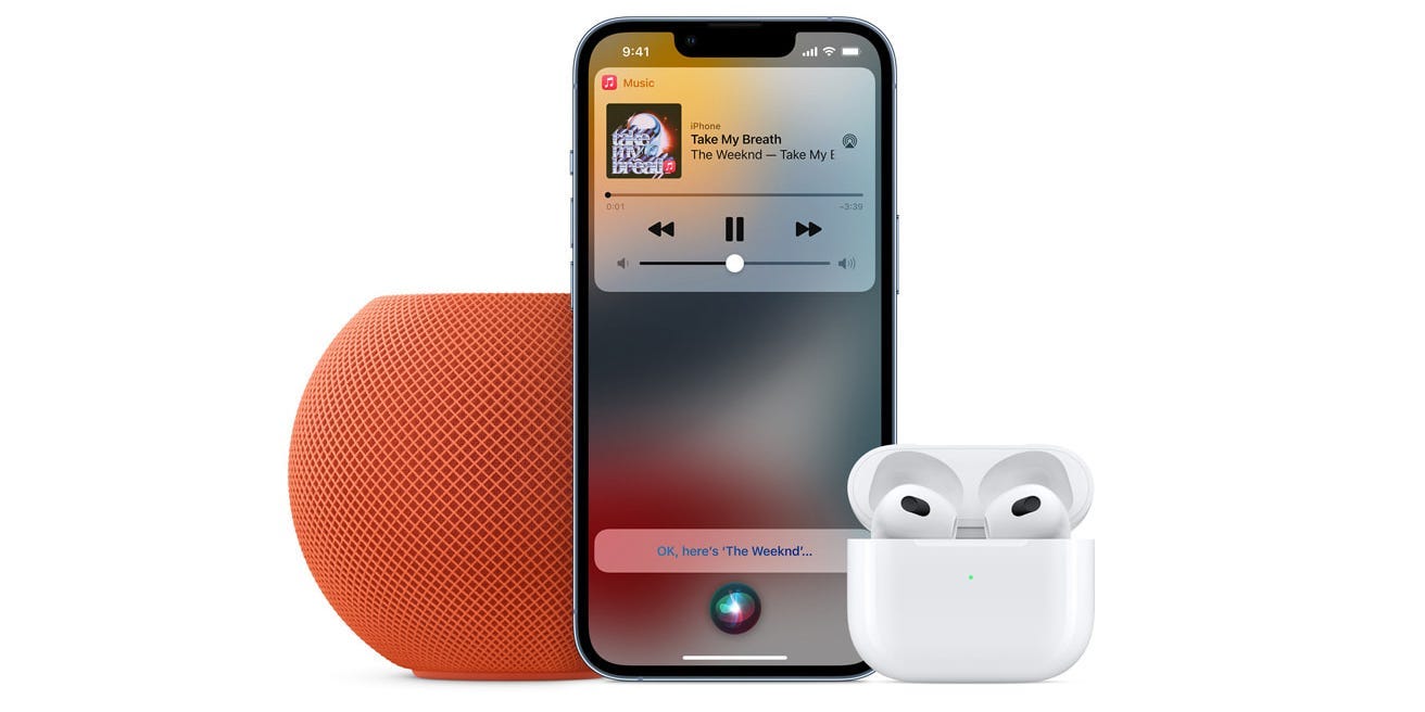 An Apple HomePod, an iPhone playing music, and a pair of AirPods.