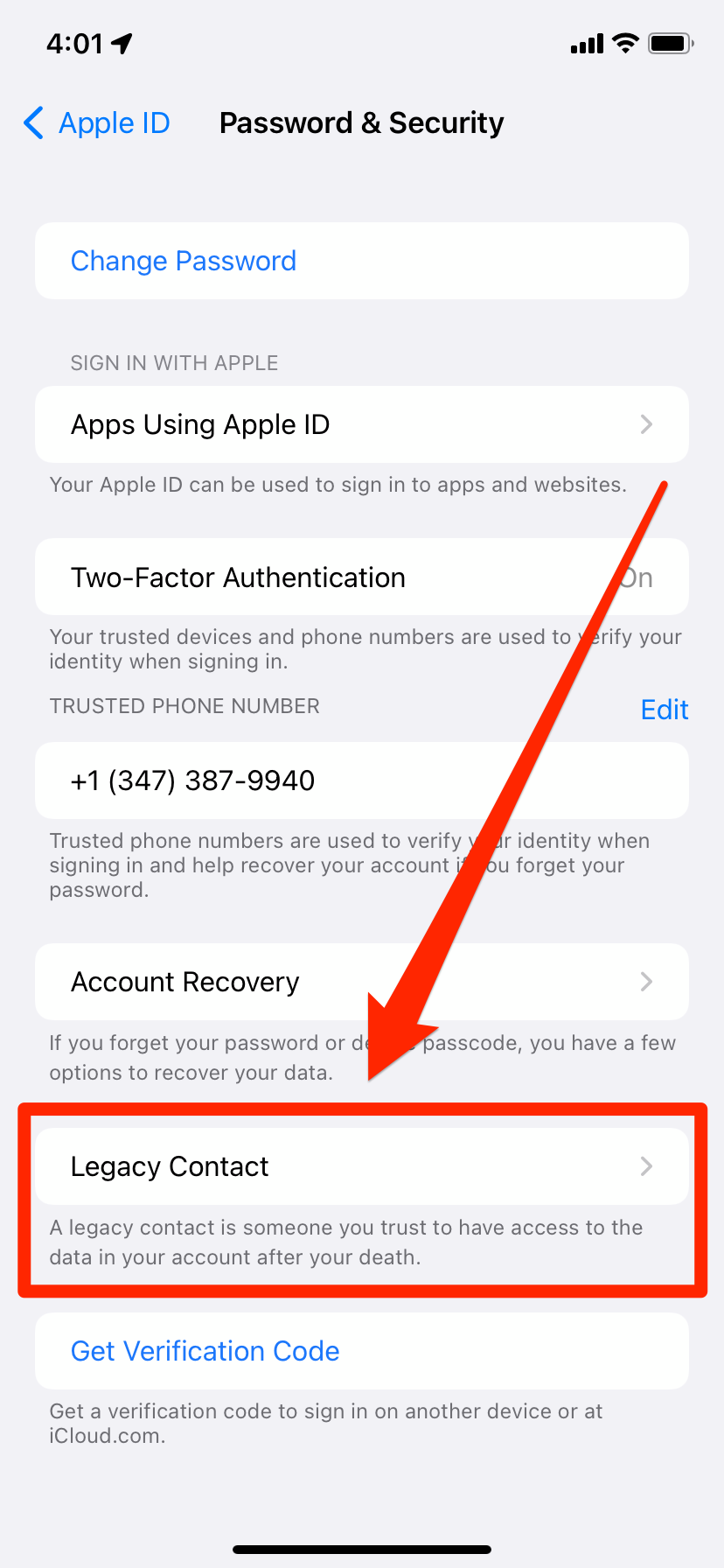 The "Password & Security" page of an iPhone's Apple ID menu.