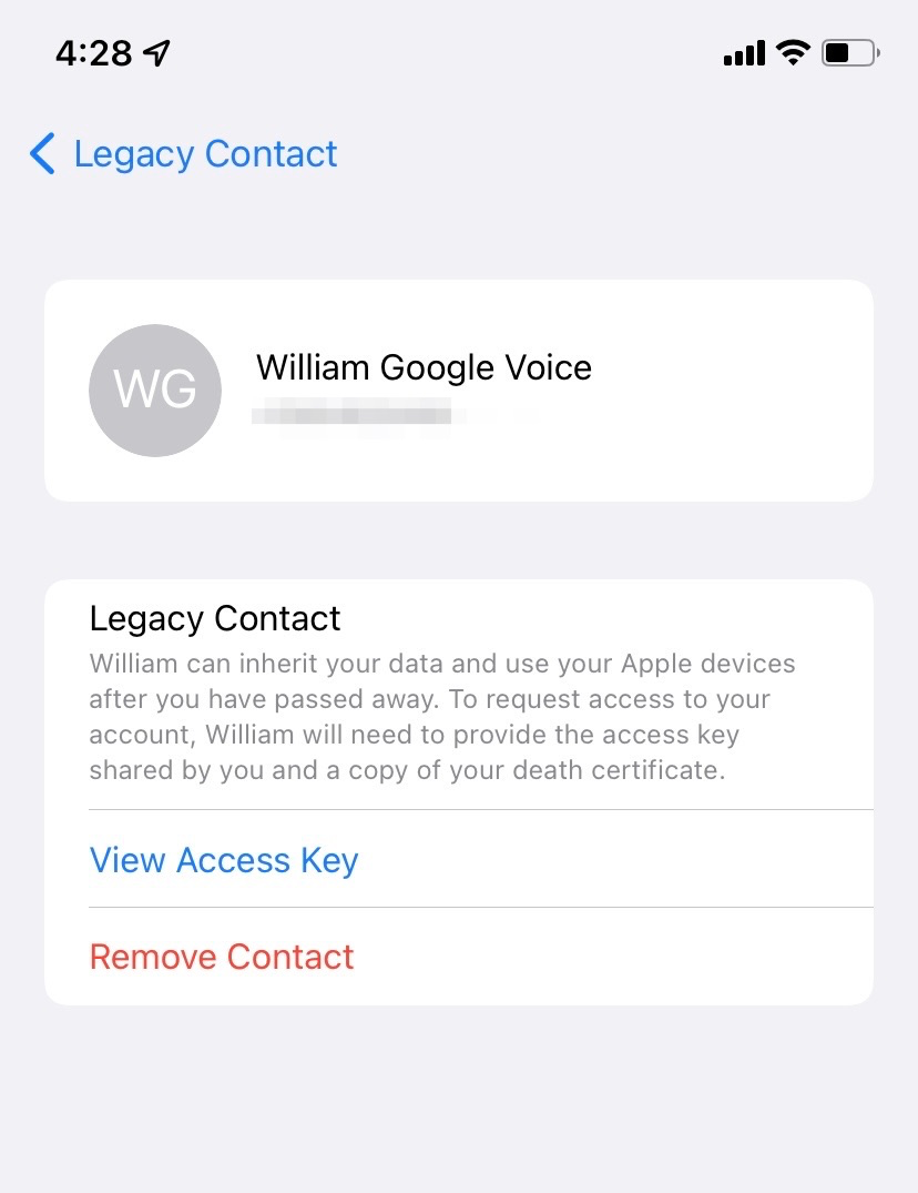 A page explaining that the listed contact, "William," can access all of the user's data once they die. It also offers options to view or delete the Access Key.