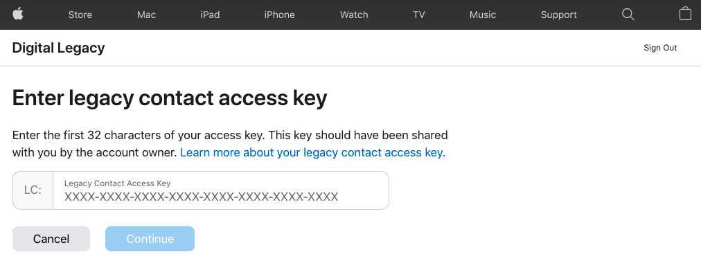 A page asking the user to enter their decedent's Digital Legacy Access Key.