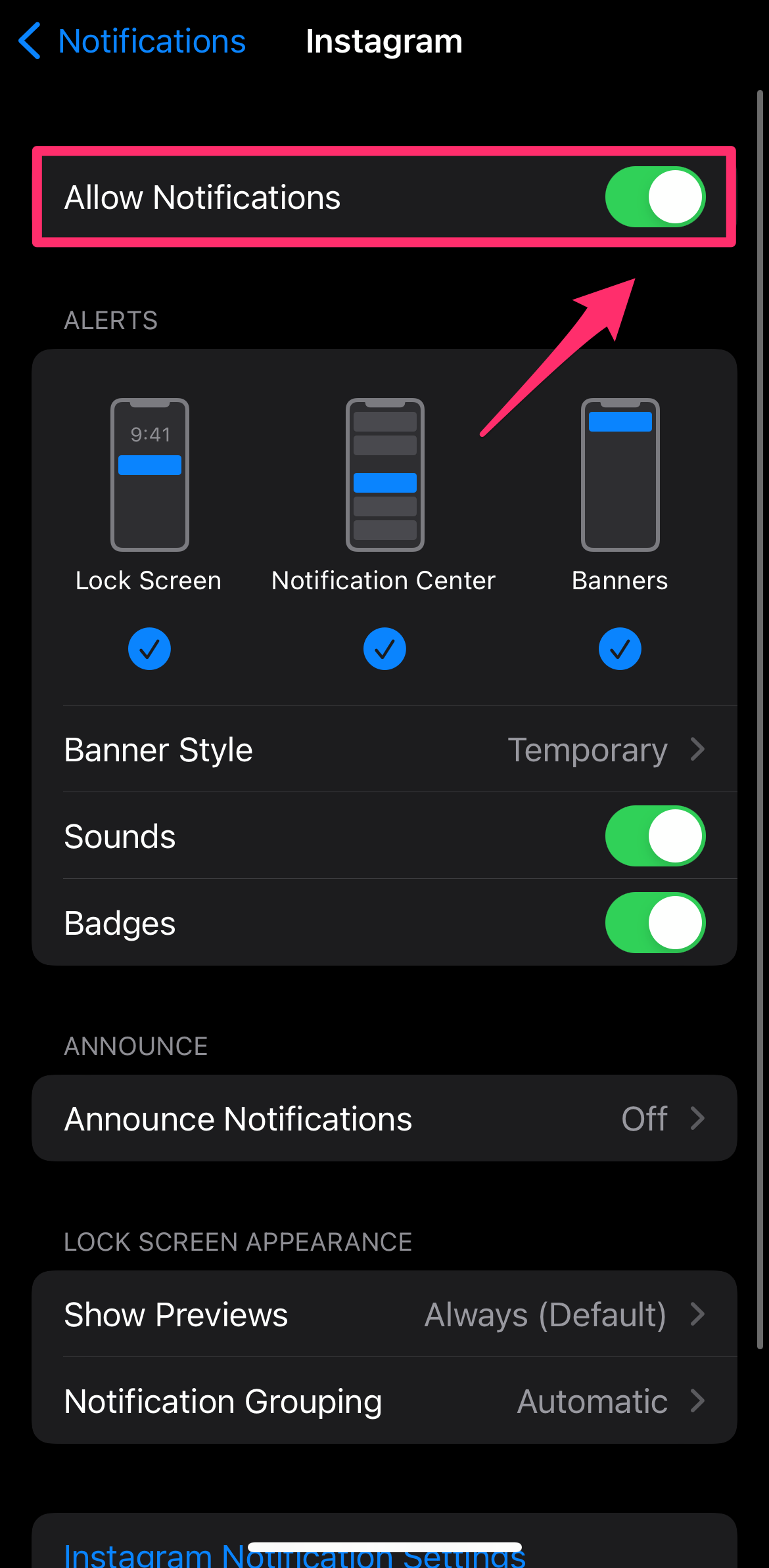 iPhone Settings menu for Instagram with Allow Notifications slider highlighted