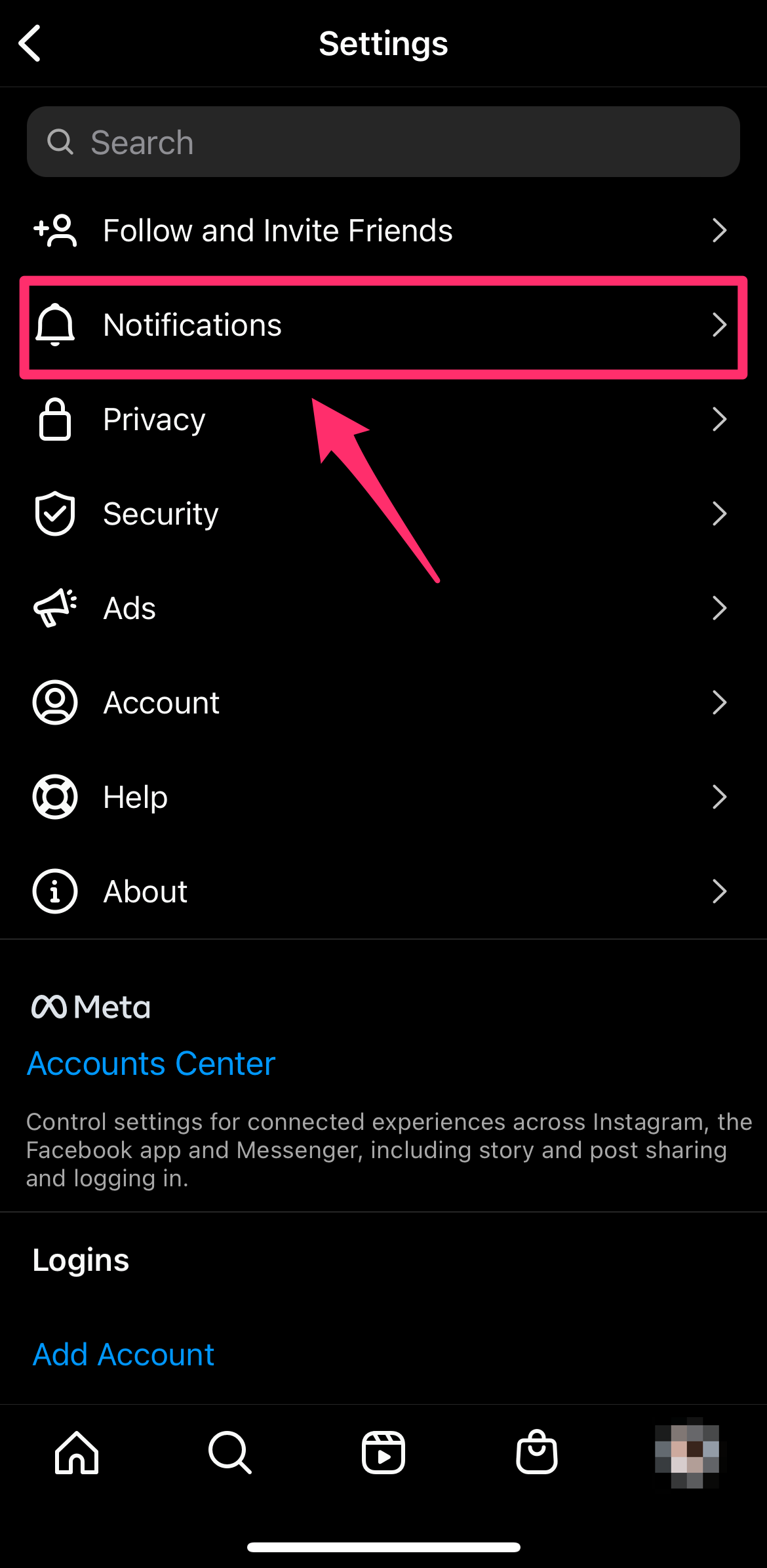 Instagram settings page with Notifications option highlighted