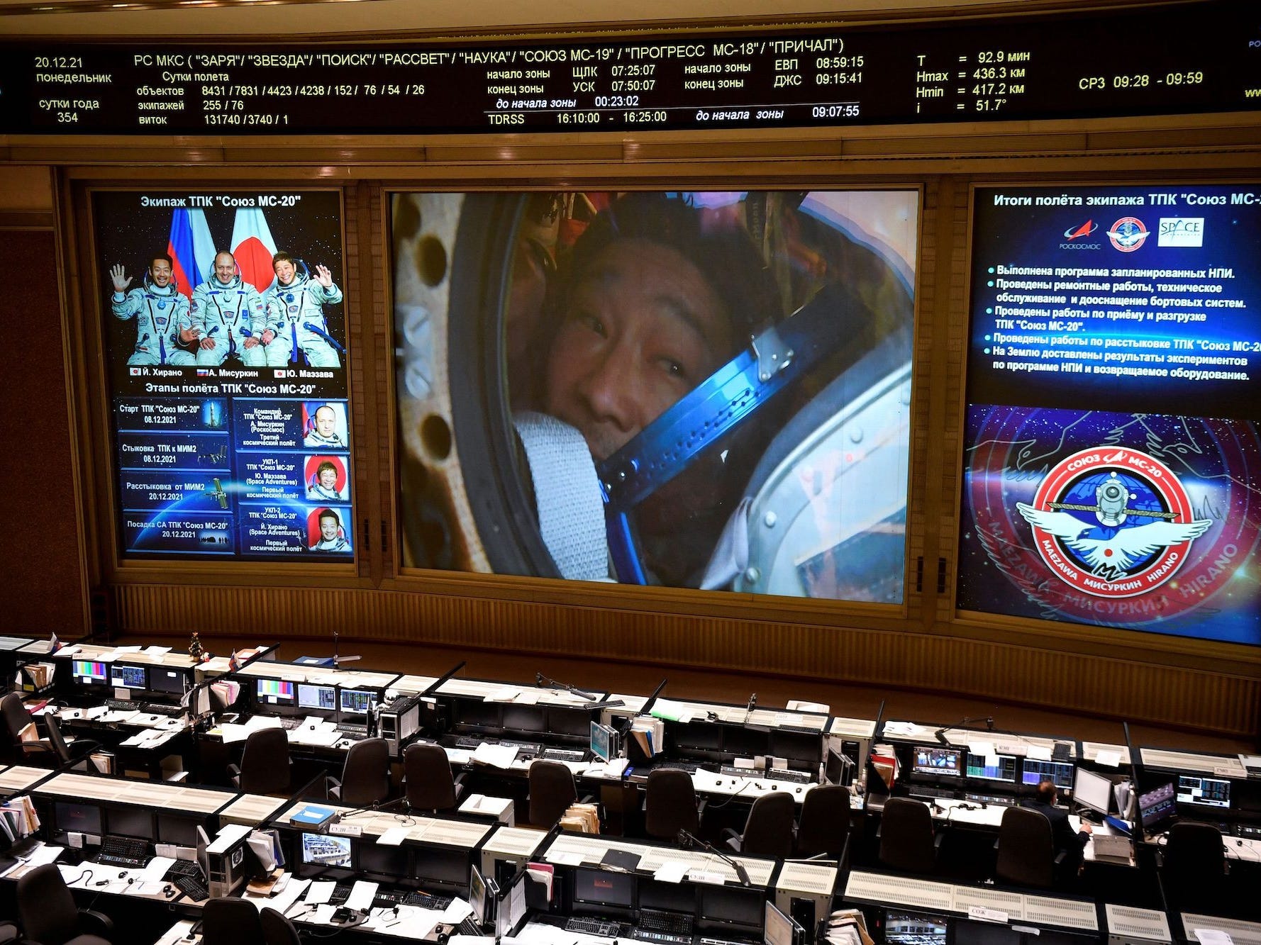 A broadcast of Yusaku Maezawa's landing is shown in Mission Control Center in Korolyov, on December 20, 2021