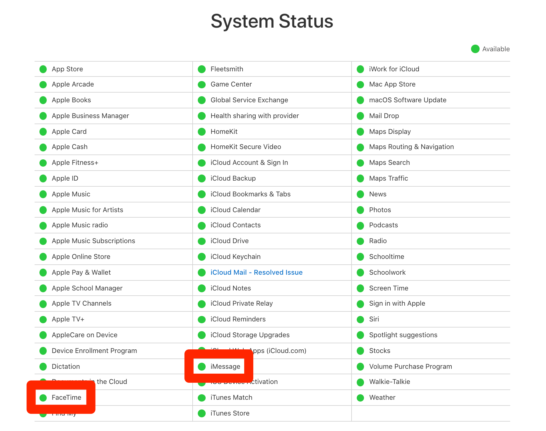 Apple's System Status webpage. The FaceTime and iMessage options are highlighted.
