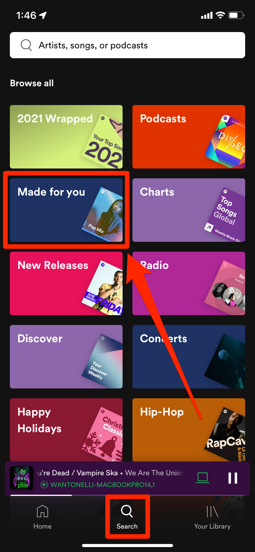 The Search menu in the Spotify iPhone app. The "Made for you" option is highlighted.