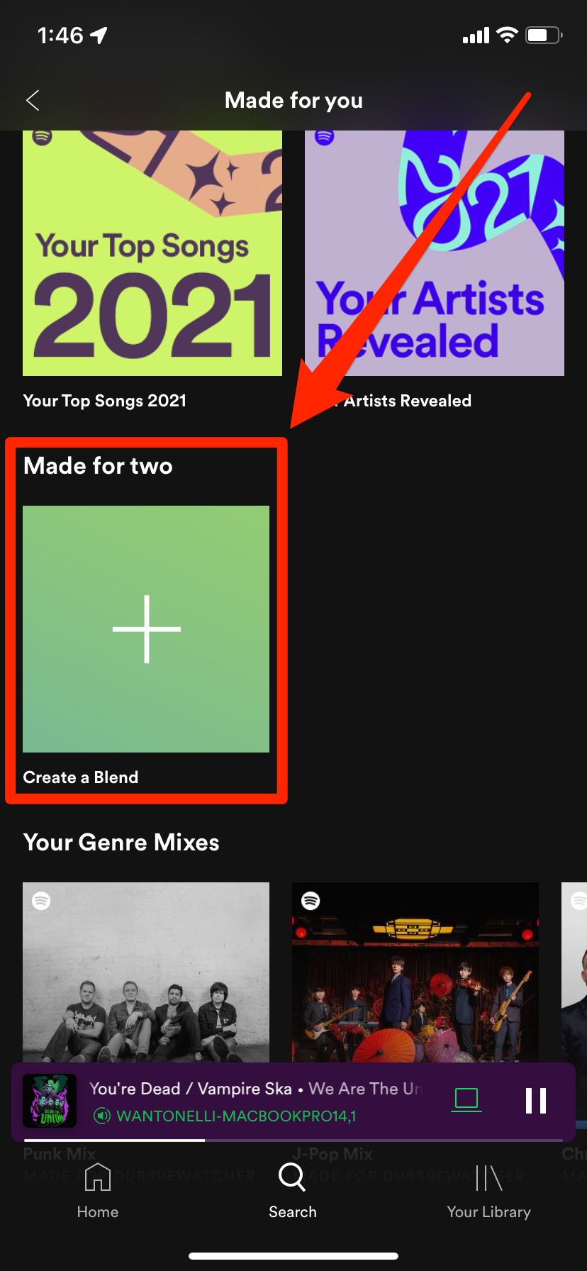 The "Made for you" menu in the Spotify iPhone app. The "Create a Blend" option is highlighted.