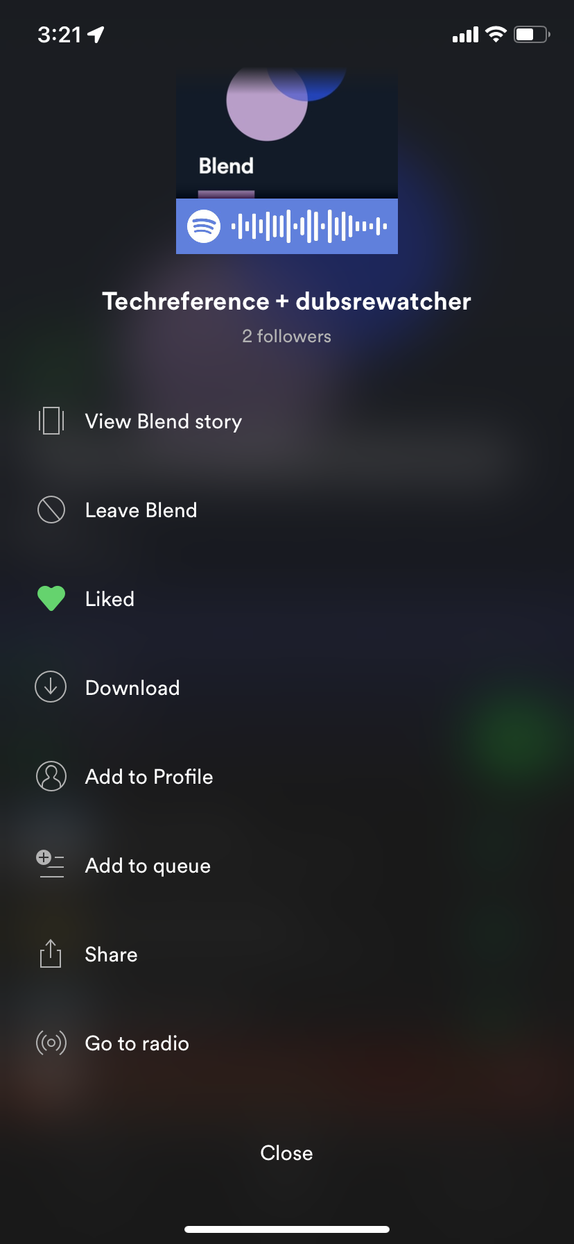 The options menu in a Spotify Blend playlist.