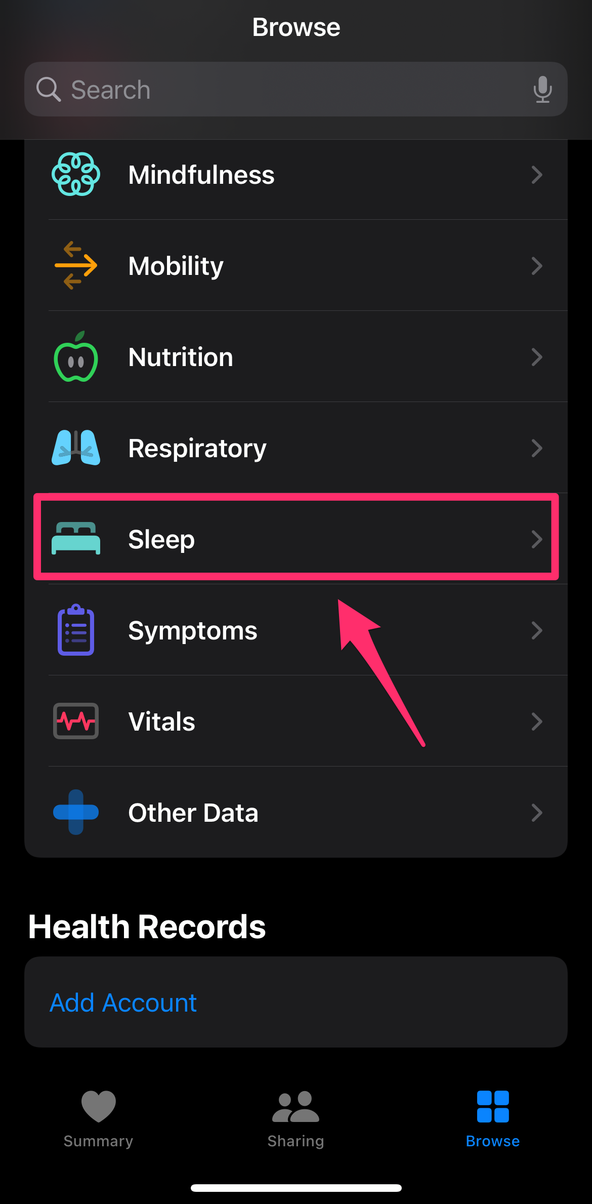 Health app screenshot with Sleep highlighted