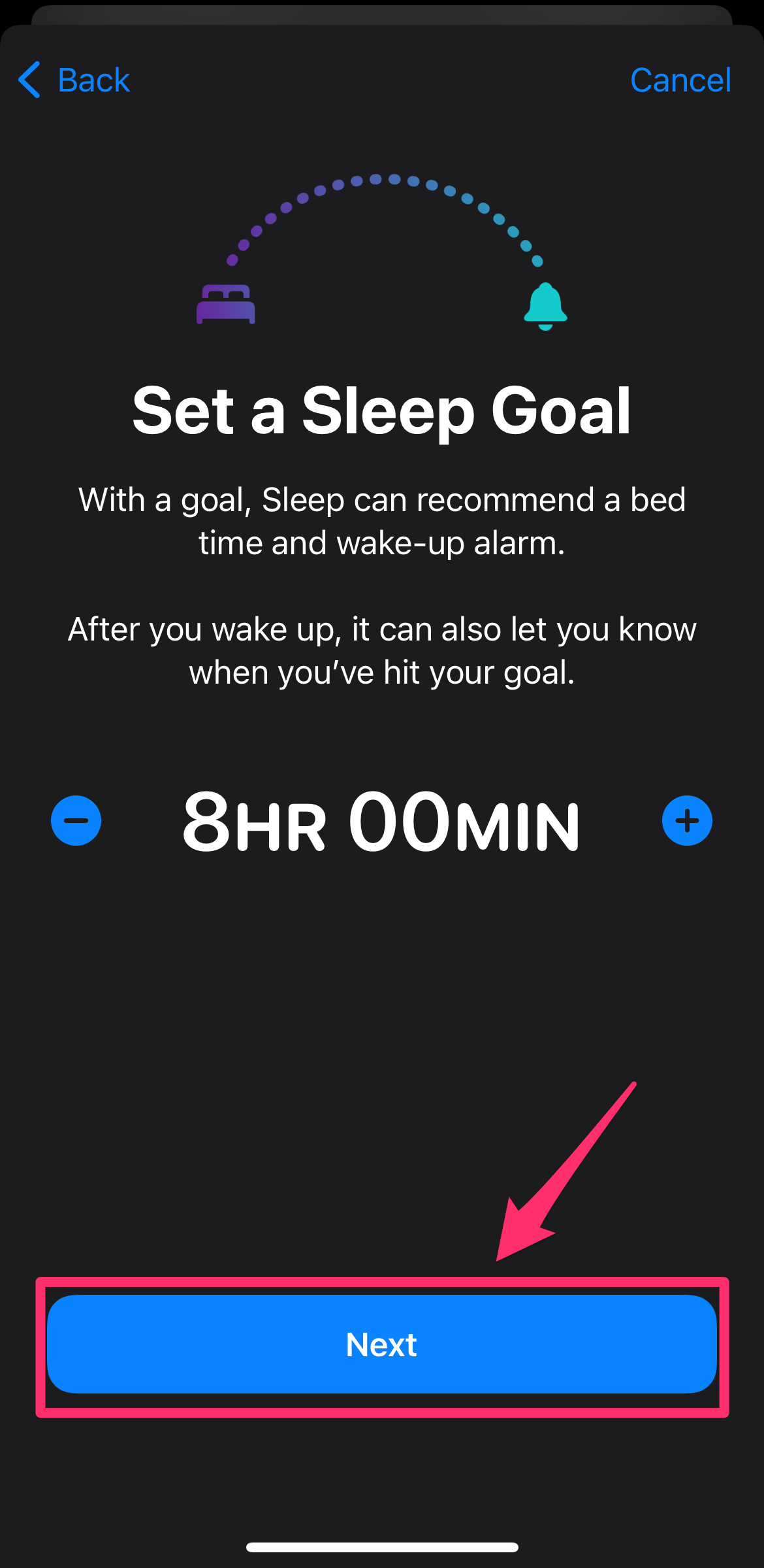 Sleep goal screen in the Health app