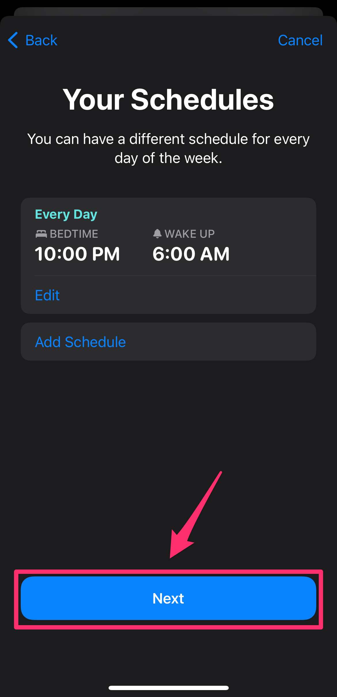 Sleep schedules summary in the Health app.