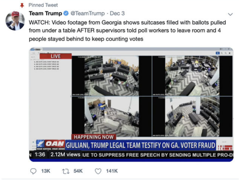 The Trump campaign posted a video on Twitter falsely accusing Georgia poll workers of engaging in election fraud.