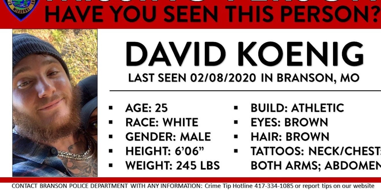 Missing person poster for David Koenig.