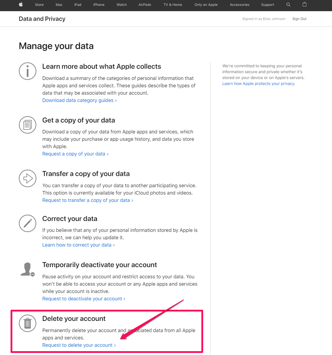 The Apple Data & Privacy webpage in Chrome