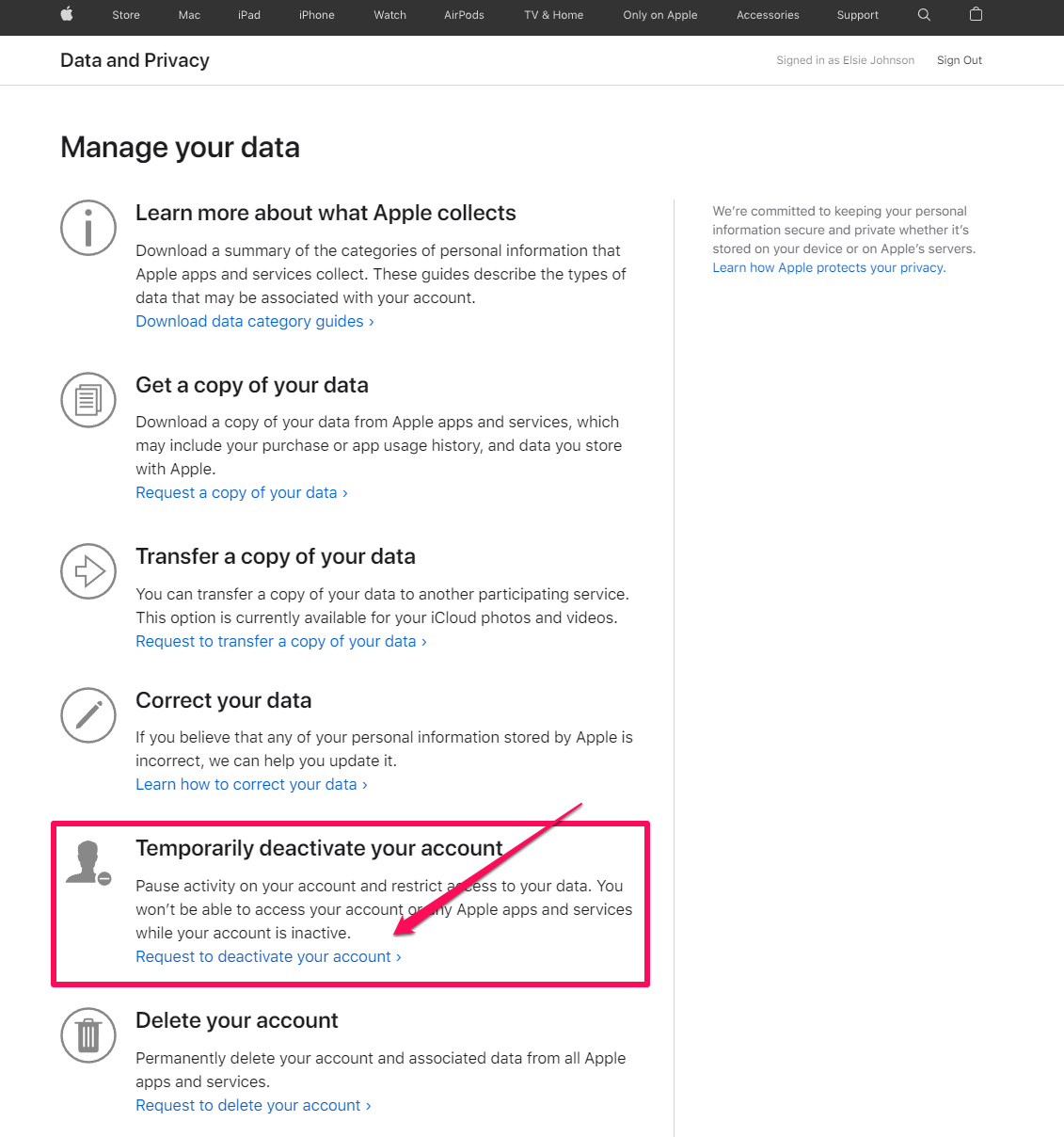 The Apple Data & Privacy webpage in Chrome