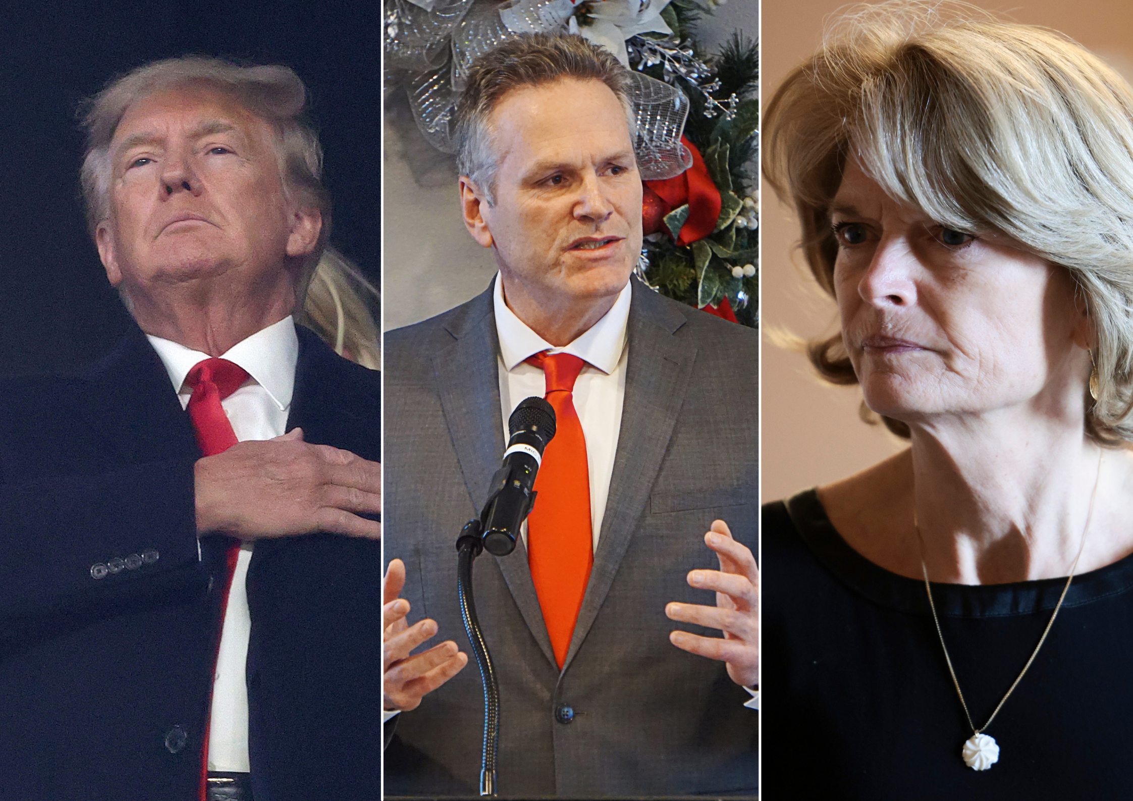 Left: Donald Trump stand for the national anthem prior to Game Four of the World Series, Middle: Alaska Governor Mike Dunleavy speaks at the Petroleum Club in Anchorage, Right: Sen. Lisa Murkowski walks to a vote in the Senate Chambers of the U.S. Capito