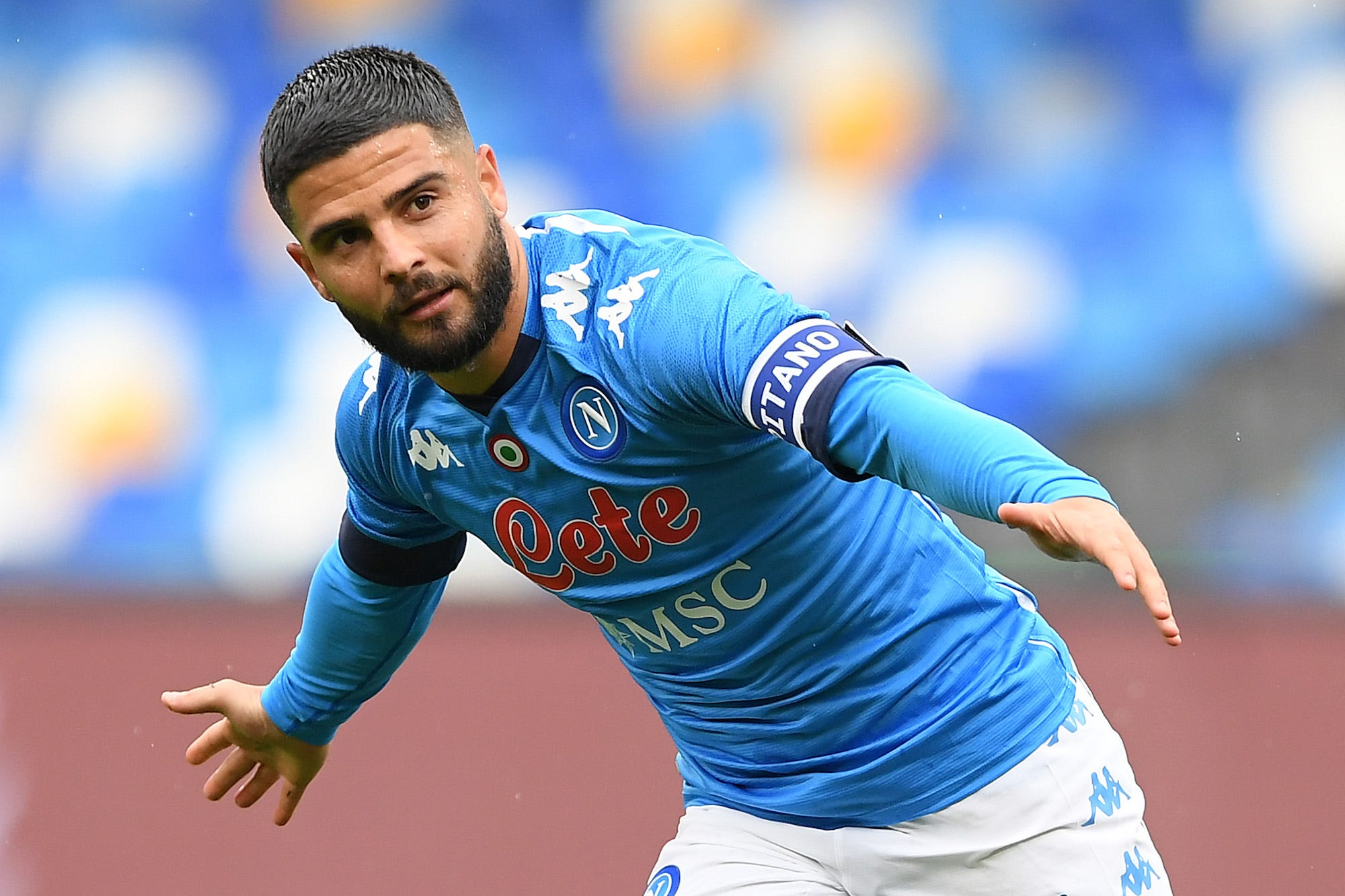 Lorenzo Insigne of SSC Napoli celebrates after scoring their side's first goal during the Serie A match between SSC Napoli and FC Crotone at Stadio Diego Armando Maradona on April 03, 2021 in Naples, Italy. Sporting stadiums around Italy remain under strict restrictions due to the Coronavirus Pandemic as Government social distancing laws prohibit fans inside venues resulting in games being played behind closed doors
