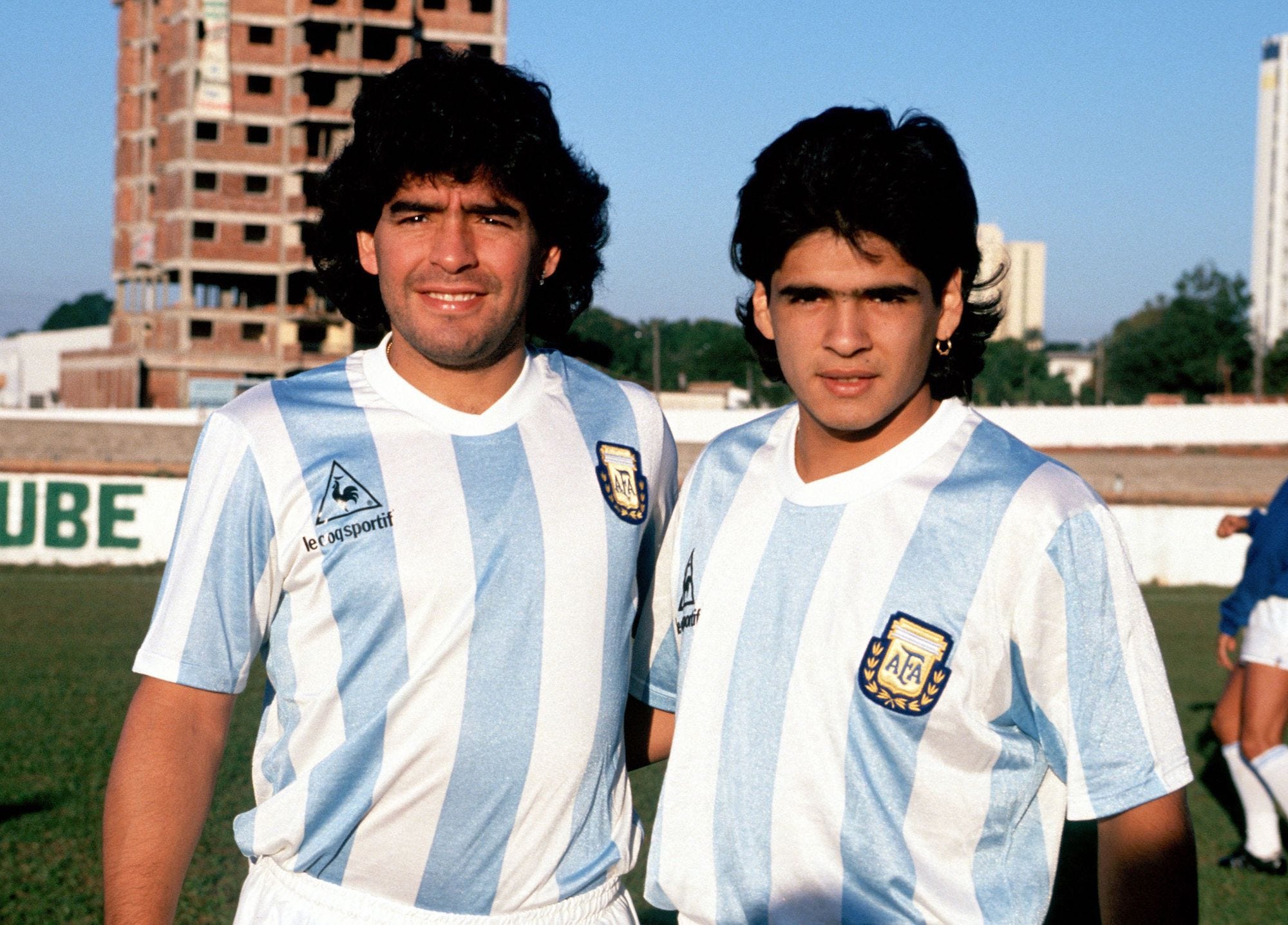 Diego Armando Maradona of Argentina with his brother Hugo Maradona