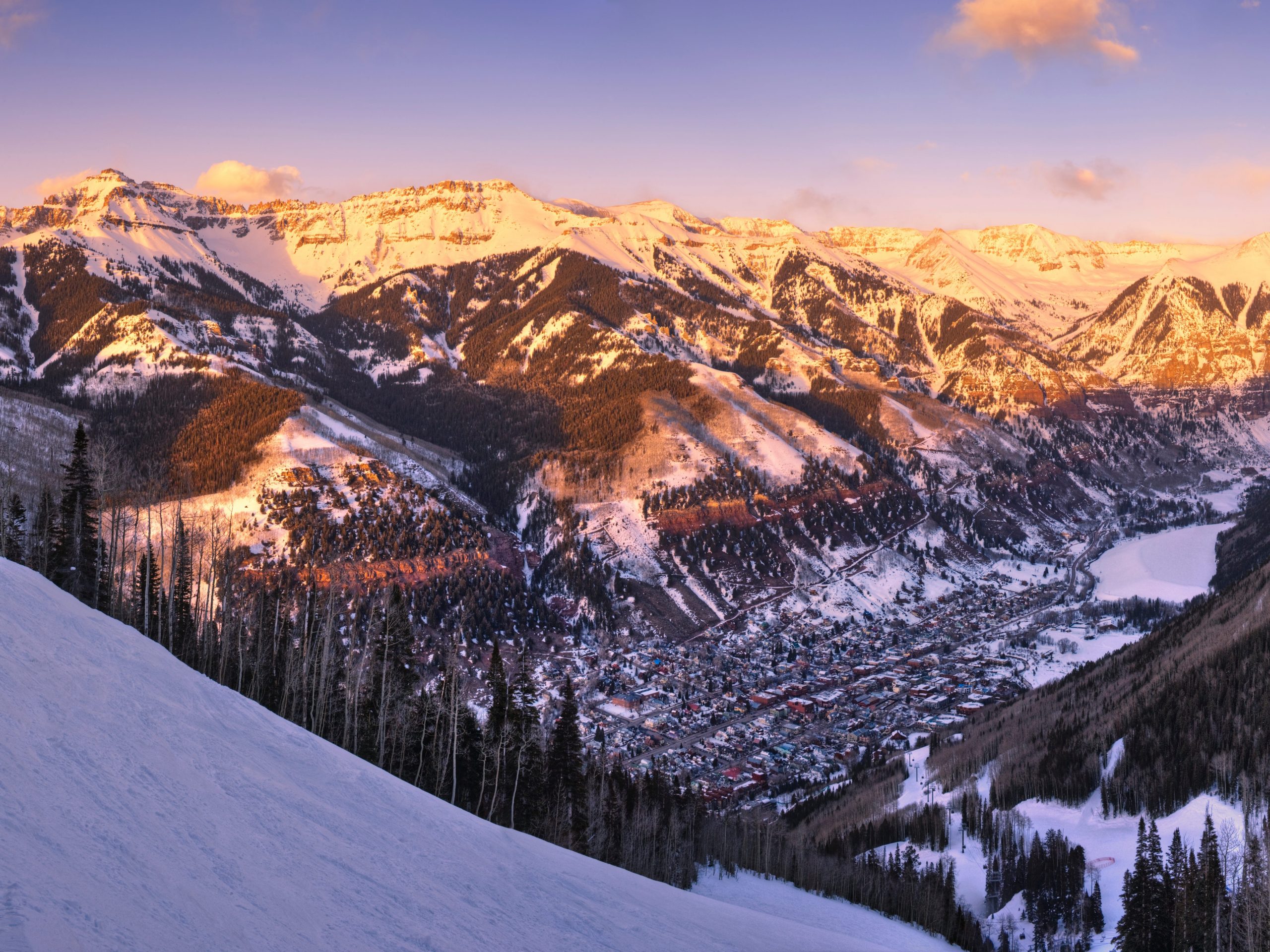 A view overlooking Telluride at sunset