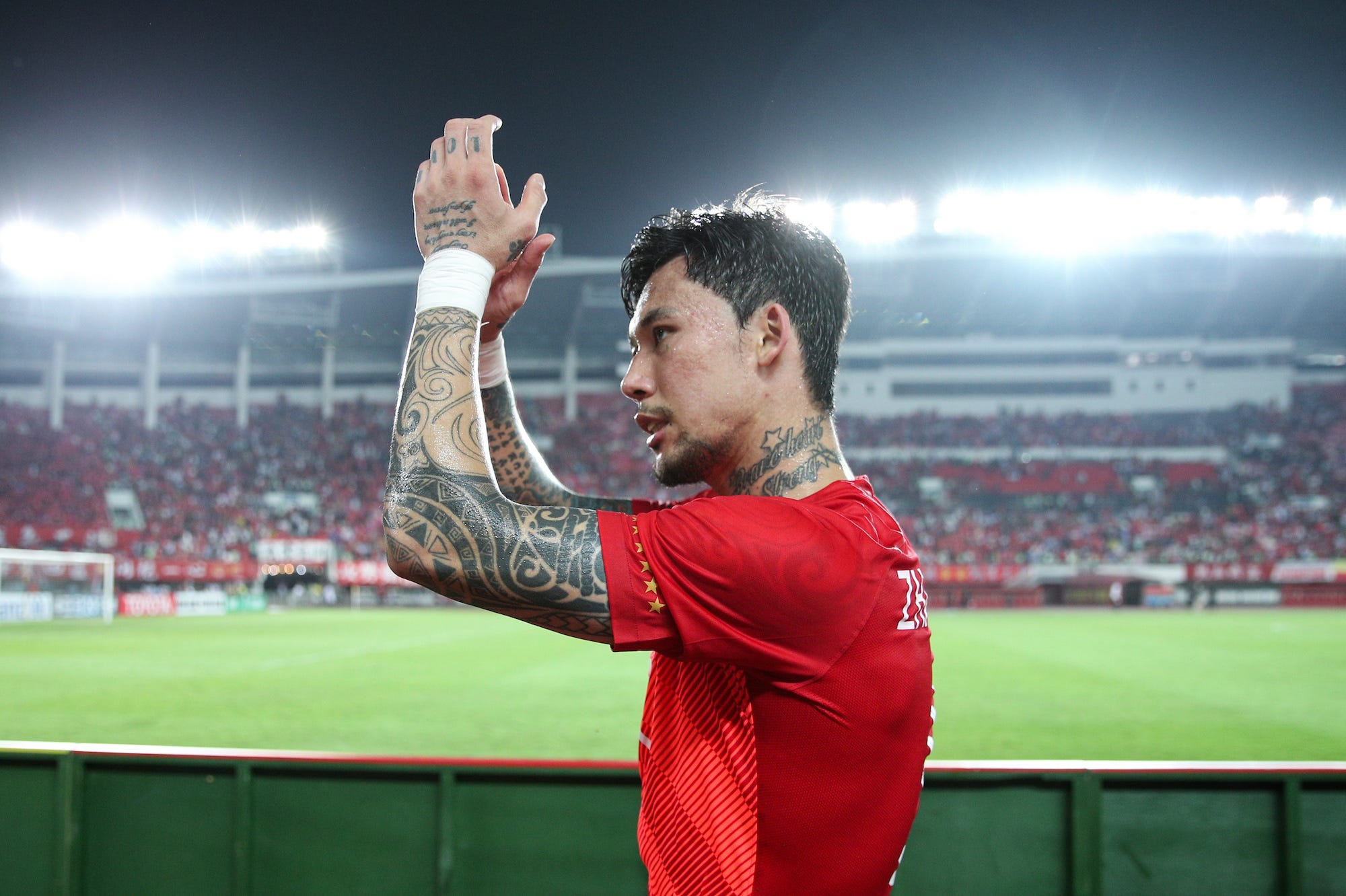 Zhang Linpeng of Guangzhou Evergrande celebrates winning the AFC Champions League Group F match between Guangzhou Evergrande and Daegu FC